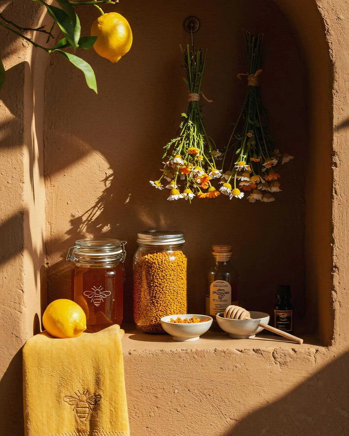 A rustic kitchen shelf with honey jars, a bowl of bee pollen, honey dipper, and bottles standing on a surface. Hanging above are dried chamomile flowers tied in bunches, and a lemon sits on a yellow cloth with a bee embroidered on it. The scene is illuminated by warm sunlight with shadows cast on the textured wall.
