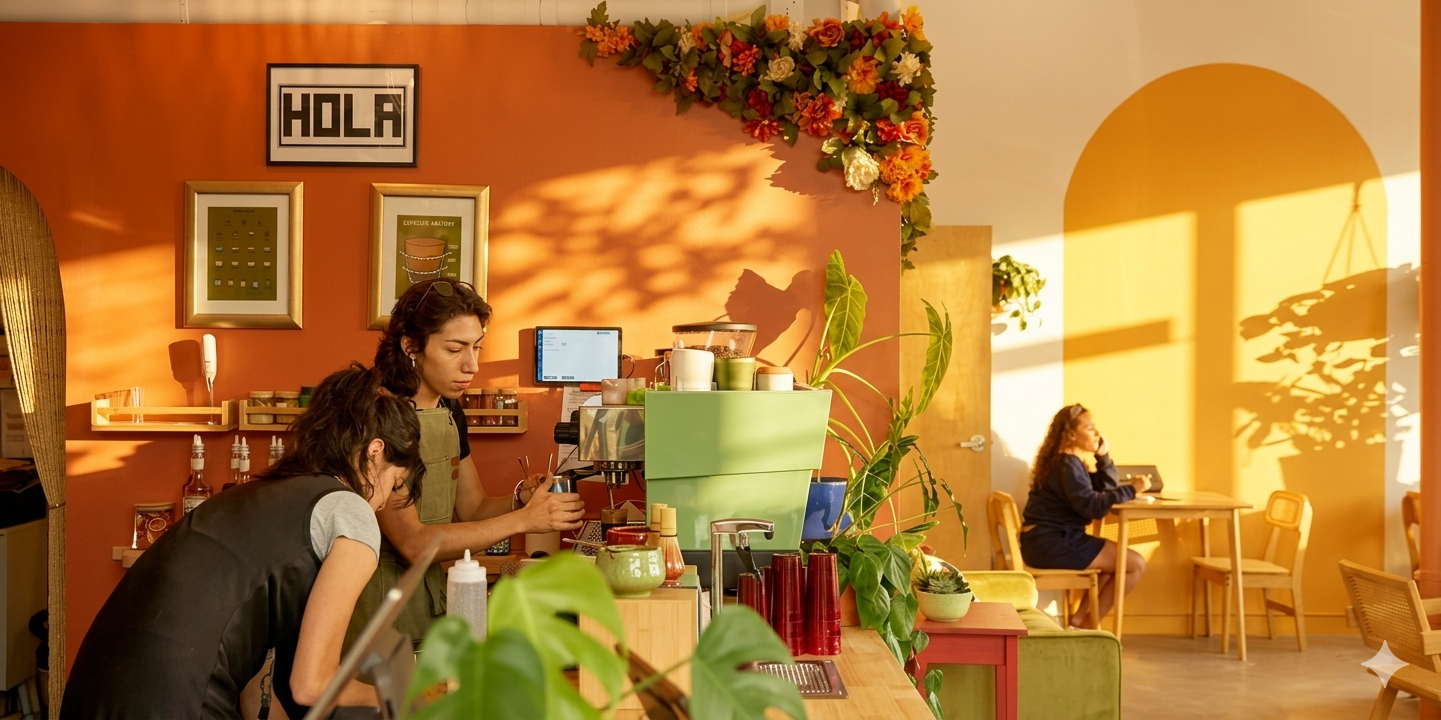 Cafe Calaveras interior with baristas making espresso.
