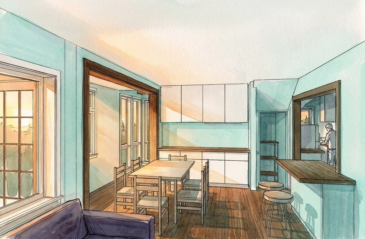 Watercolor-style illustration of a cozy dining area and kitchen remodel with a wooden floor, a table with six chairs, a kitchen counter with stools, white cabinets, large windows, and a person visible through a pass-through window preparing food.