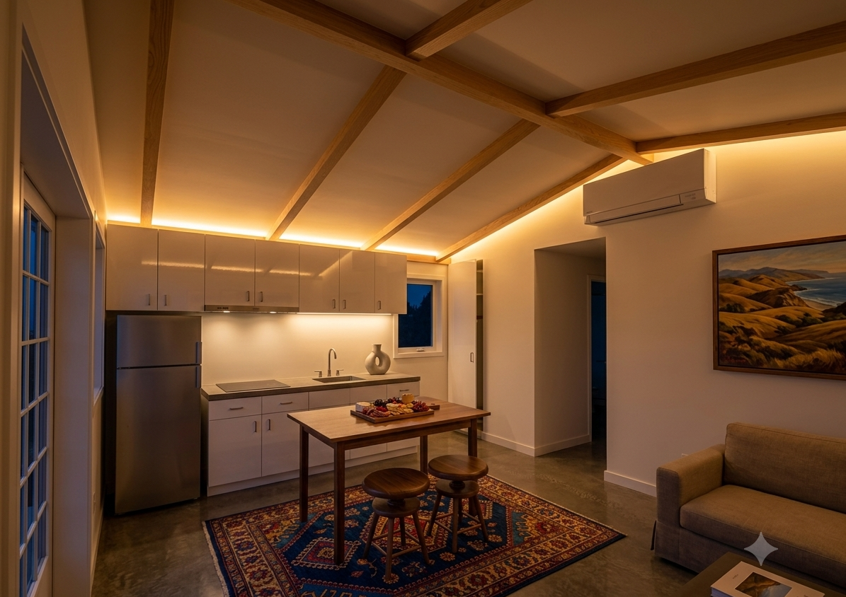 An image of a sophisticated modern addition at dusk.