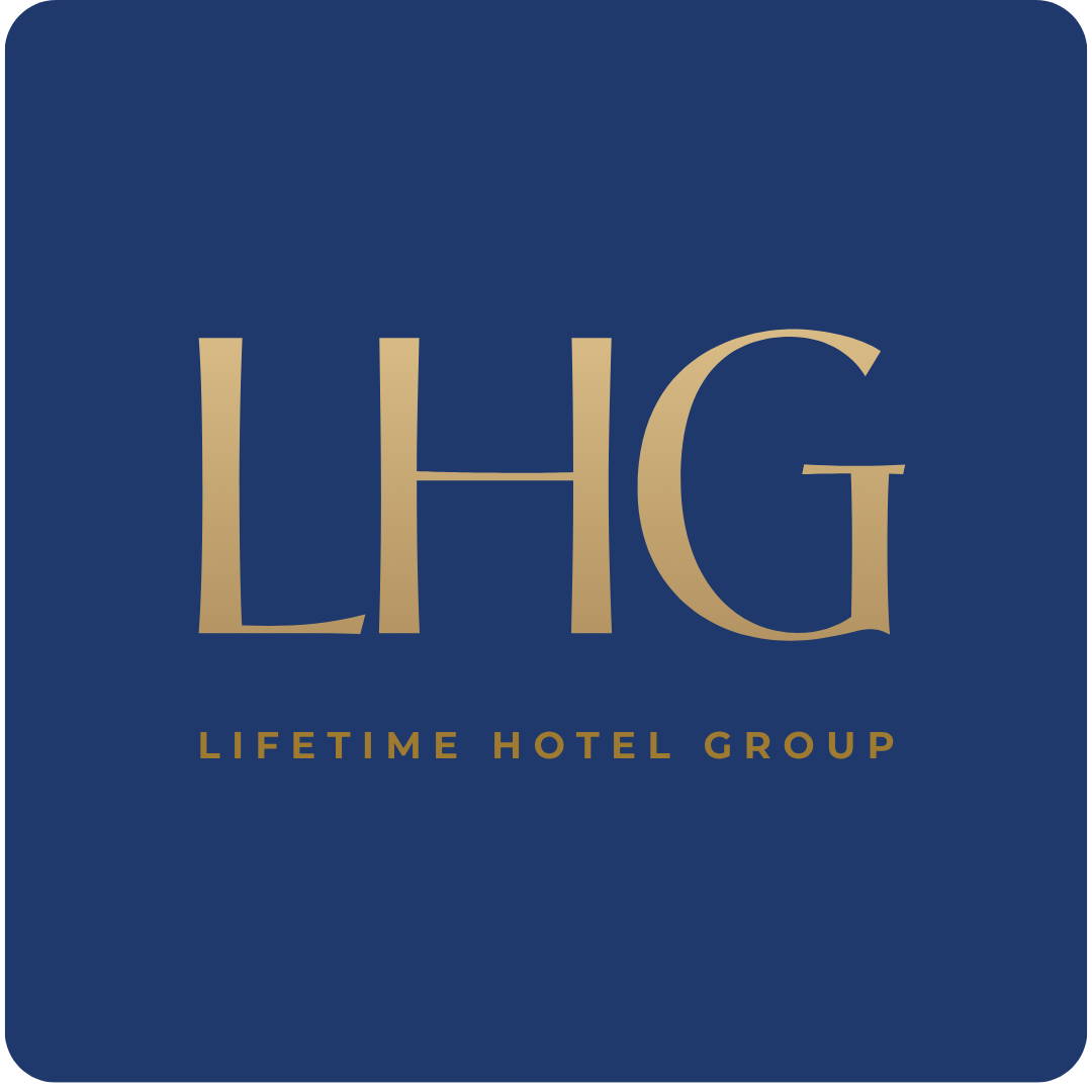 Logo of Lifetime Hotel Group with blue background and gold lettering of 'LHG' and 'LIFETIME HOTEL GROUP'.