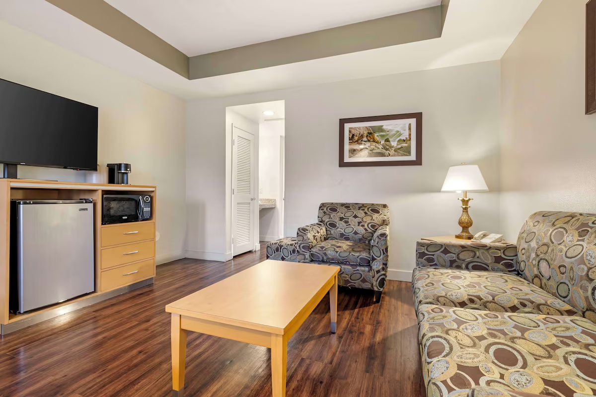 A hotel room with beige walls and ceiling, featuring a seating area with a patterned sofa and armchair, a wooden coffee table, a flat-screen TV, mini-fridge, microwave, and a table lamp on a side table.