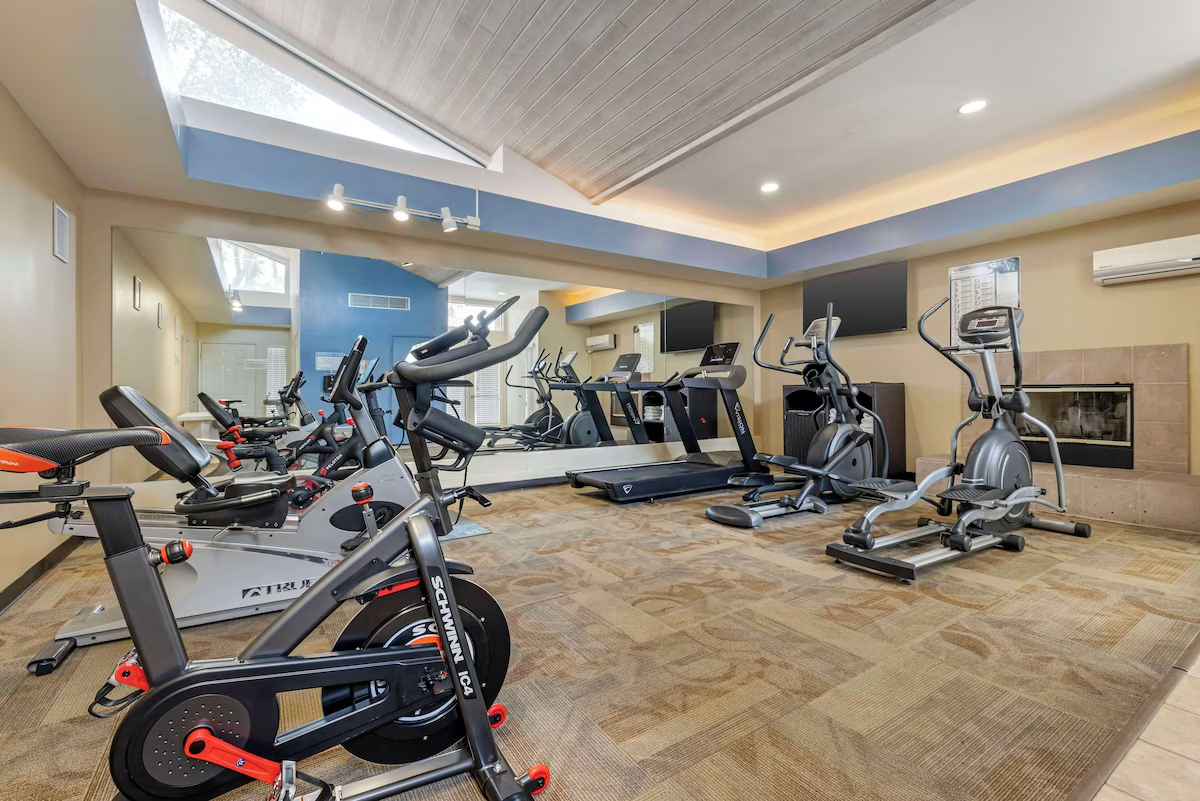 A gym with exercise machines including stationary bikes, treadmills, and elliptical trainers, with a large mirror on the wall and a fireplace in the corner.