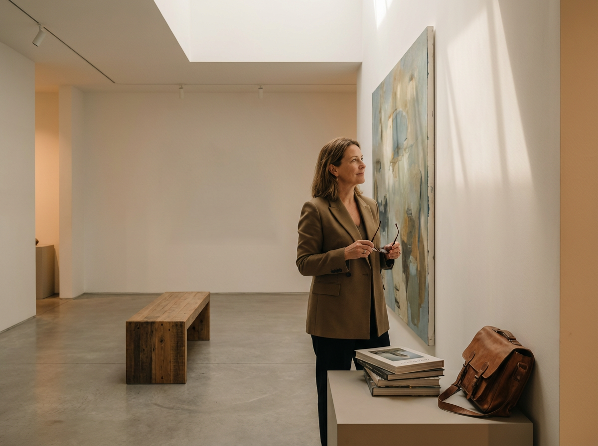 Mujer en una galería de arte observando una pintura abstracta.