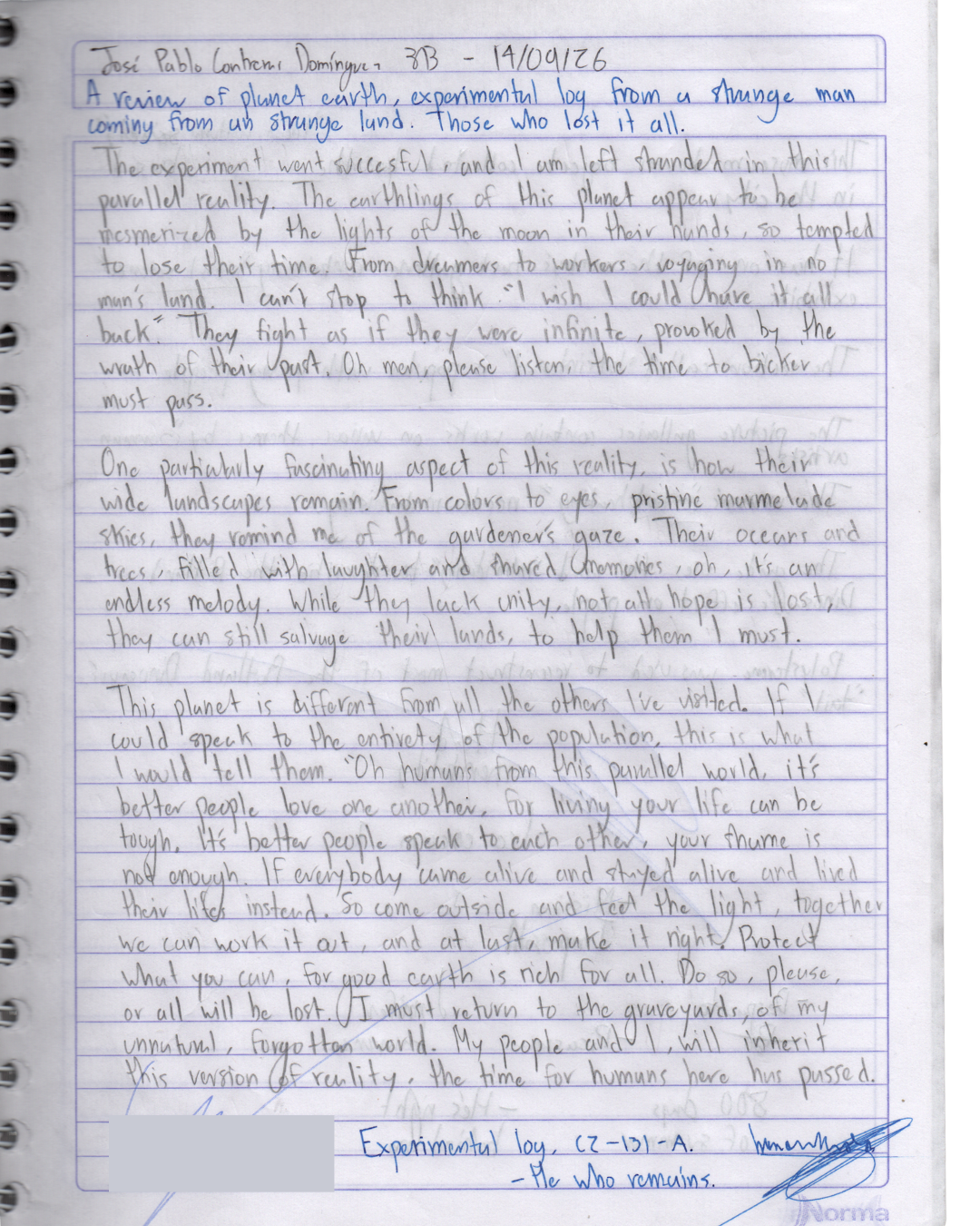 An imaginative essay describing a review of planet earth from a visitor of a parallel world.