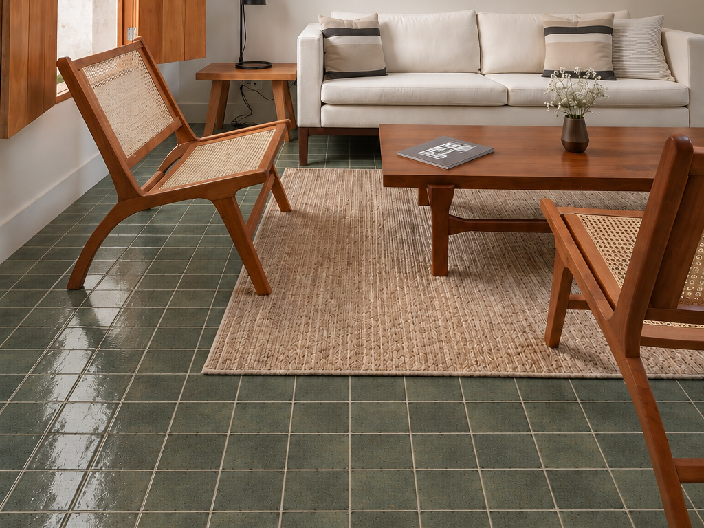 Handmade green square tile flooring in a warm, minimal living space.