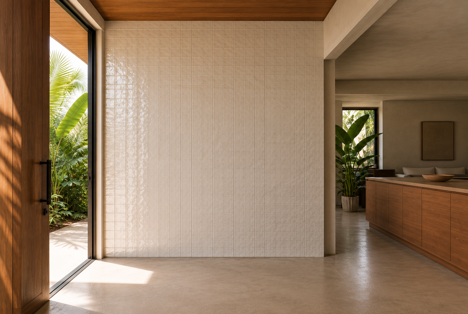 Handmade white square tile feature wall in a tropical entryway.