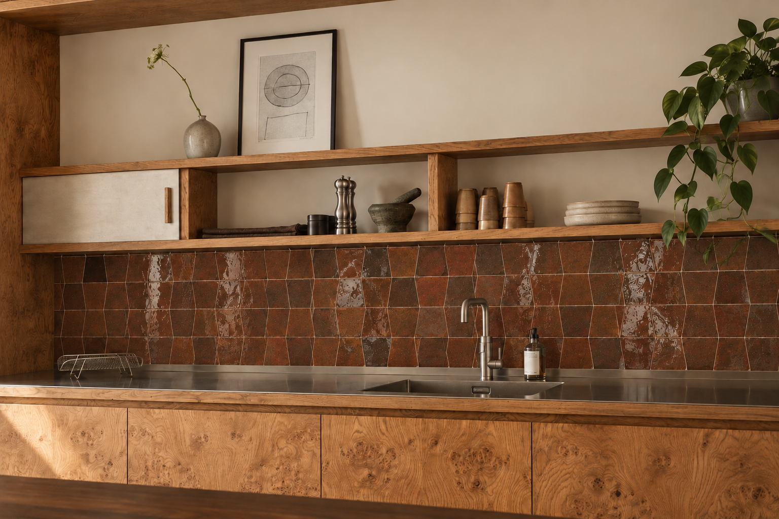 Earthen Ember trapezoid tile kitchen backsplash