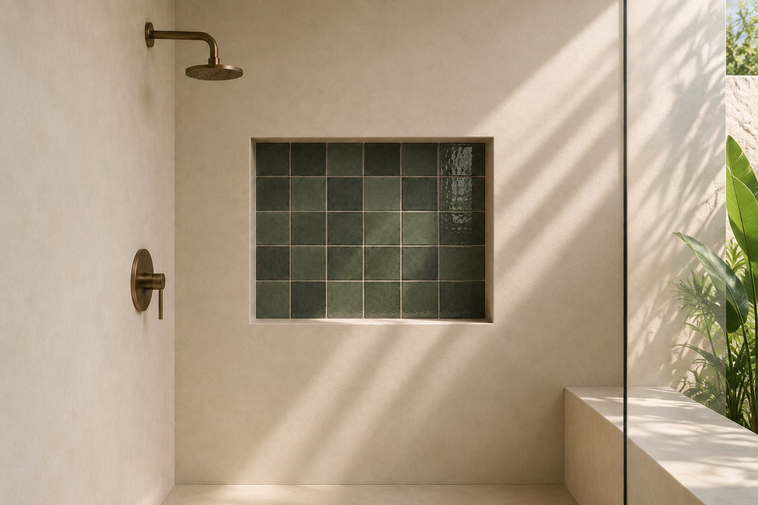 Handmade green square tile installed in a recessed shower niche.