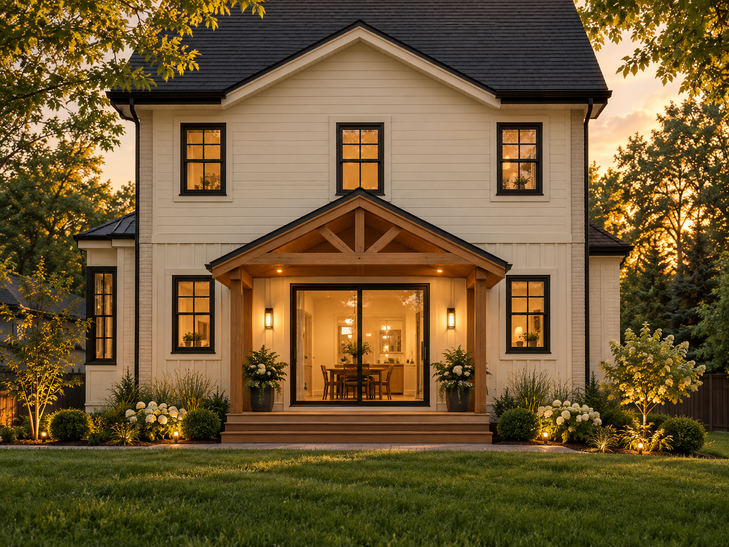 A two-story house with a white exterior, black-framed windows, and a dark roof. The front porch has wooden posts and a gabled roof, with potted plants on each side. Warm lighting illuminates the porch and garden. The house is surrounded by landscaped greenery and trees during sunset.