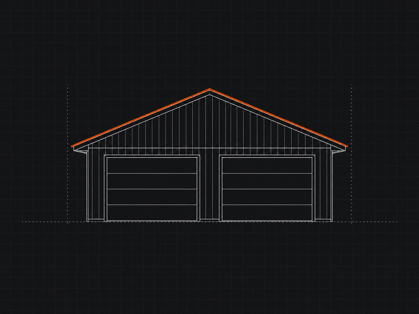 Blueprint of a garage with two doors and a pitched roof, showing construction lines and roof details in a digital drawing style.