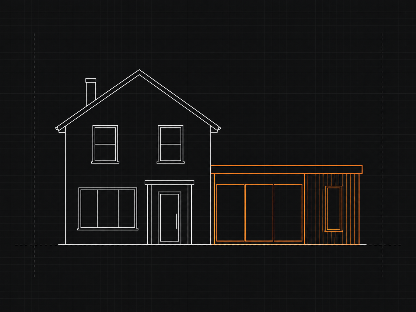 Architectural drawing of a house with a two-story main structure and a single-story extension highlighted in orange, showing window and door placements.