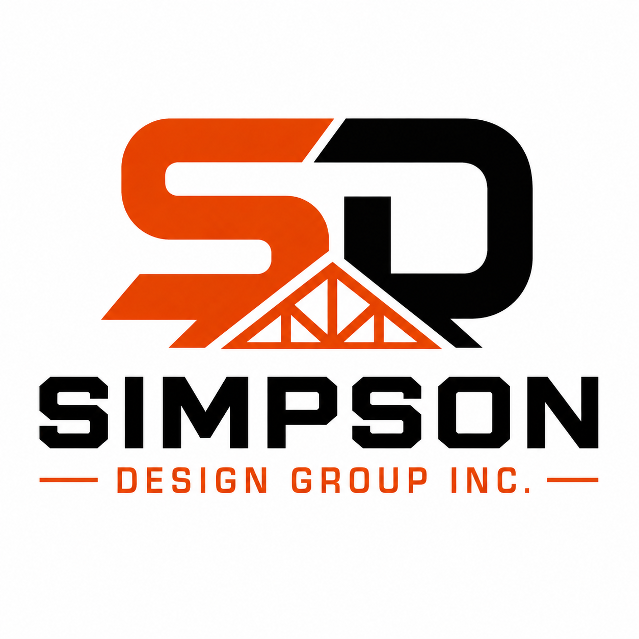 Logo for Simpson Design Group Inc. featuring a stylized 'S' and 'D' with a bridge illustration, in orange and black colors.