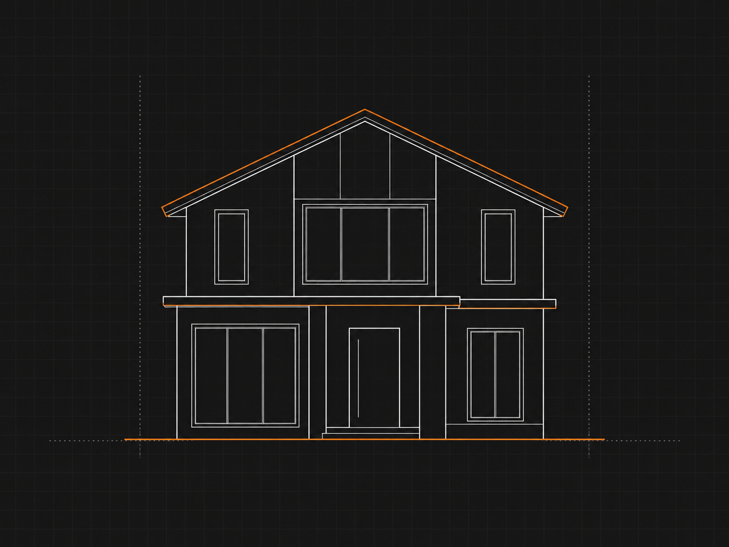 Blueprint drawing of a two-story house with a gabled roof, front door in the center, and windows on both floors, with orange lines highlighting the roof and foundation edges.