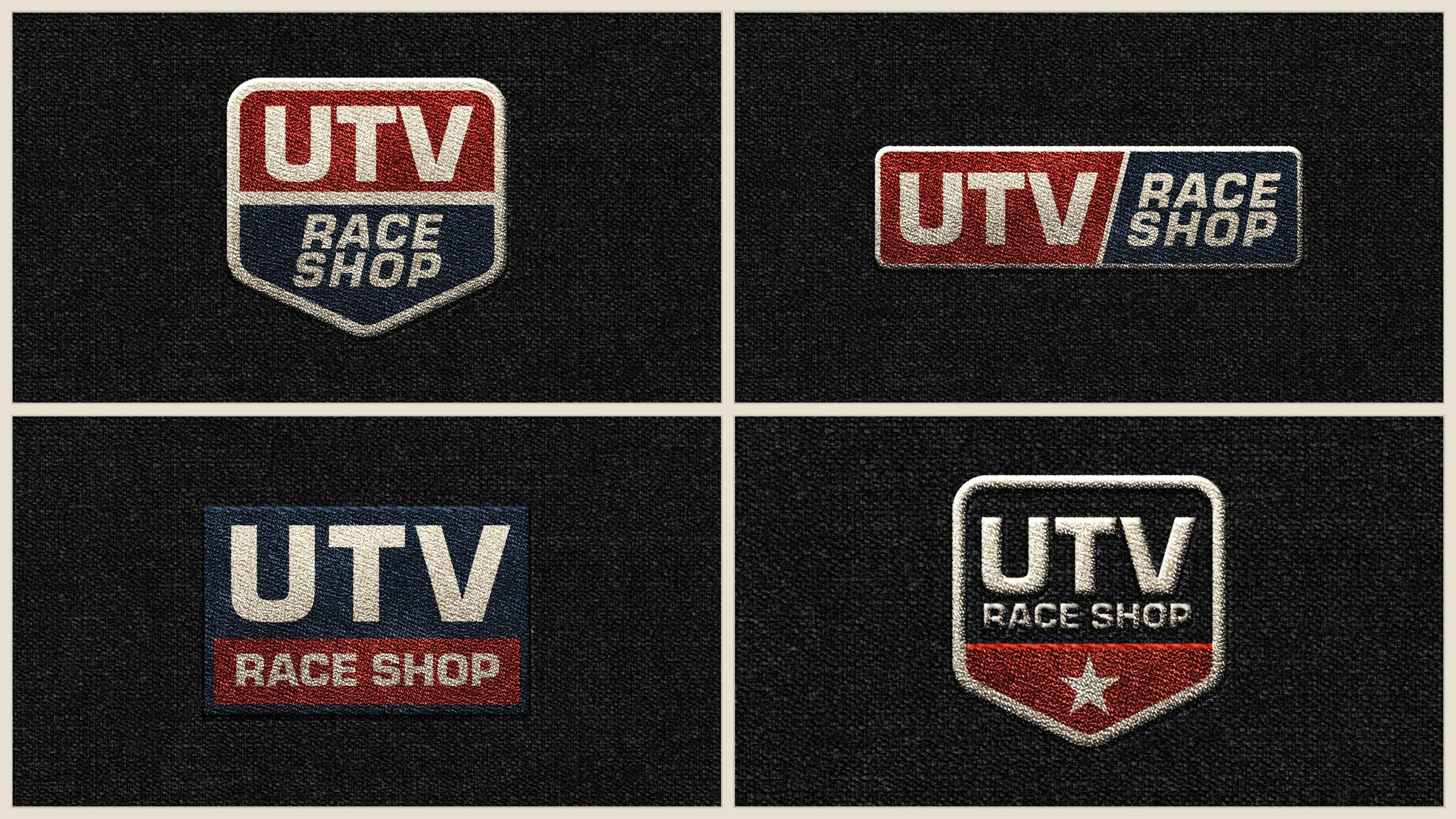 Four embroidered UTV Race Shop patches on black fabric, showing the logo family stitched.