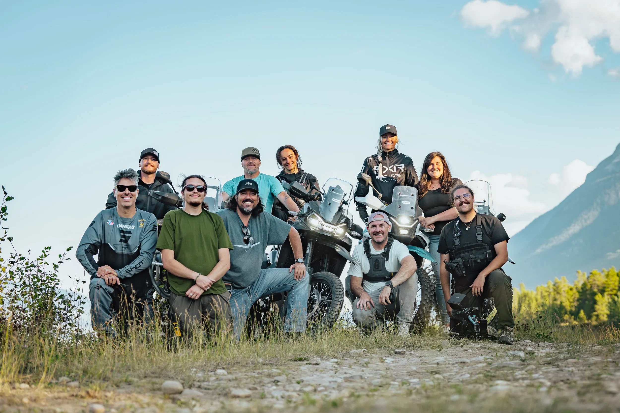 The CFMOTO Canada production crew and riders with the IBEX motorcycles in Valemount, BC