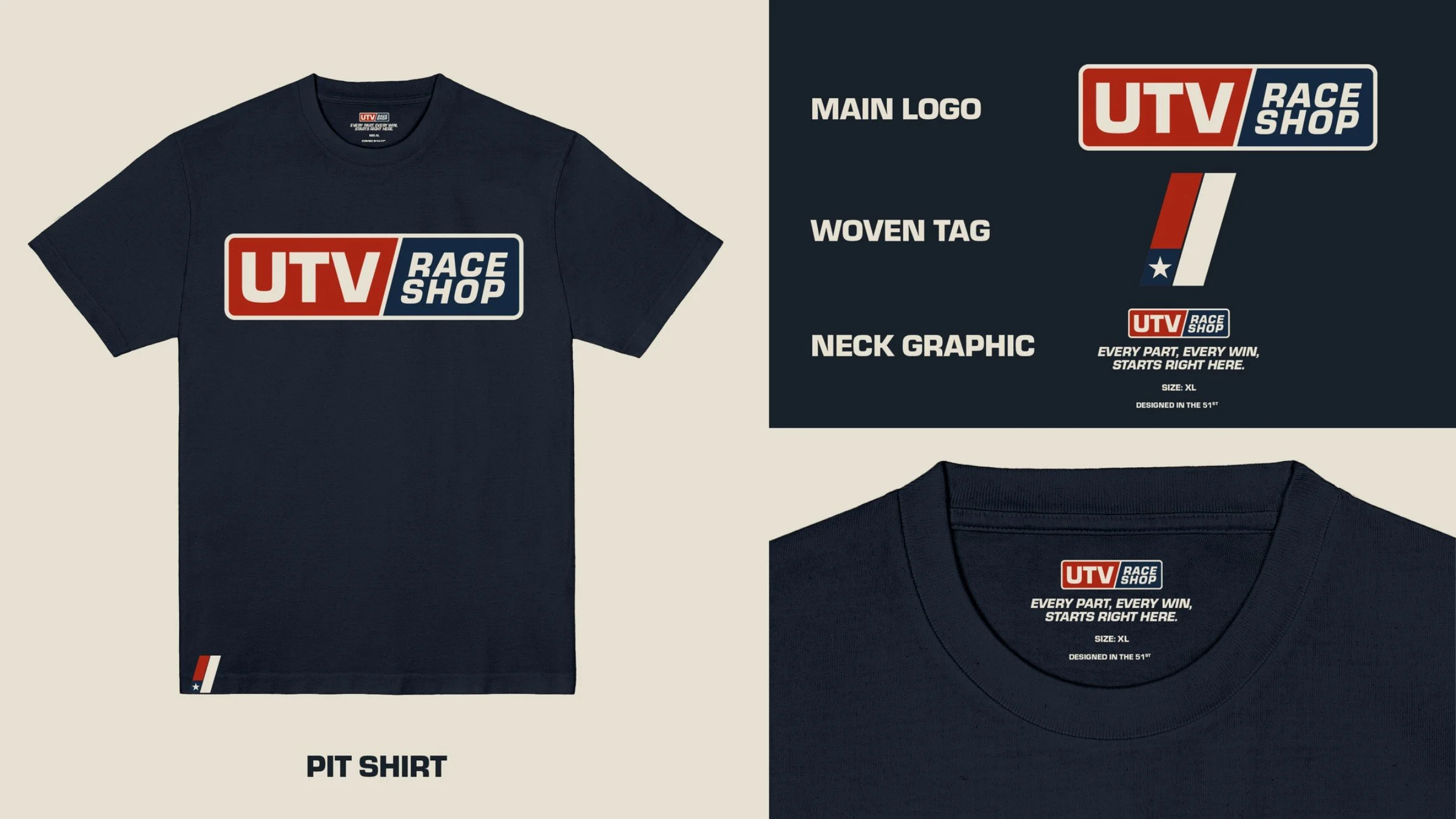 Pit Shirt from the Shop capsule: navy tee with the main UTV Race Shop logo, woven tag and neck print reading Every part, every win, starts right here.