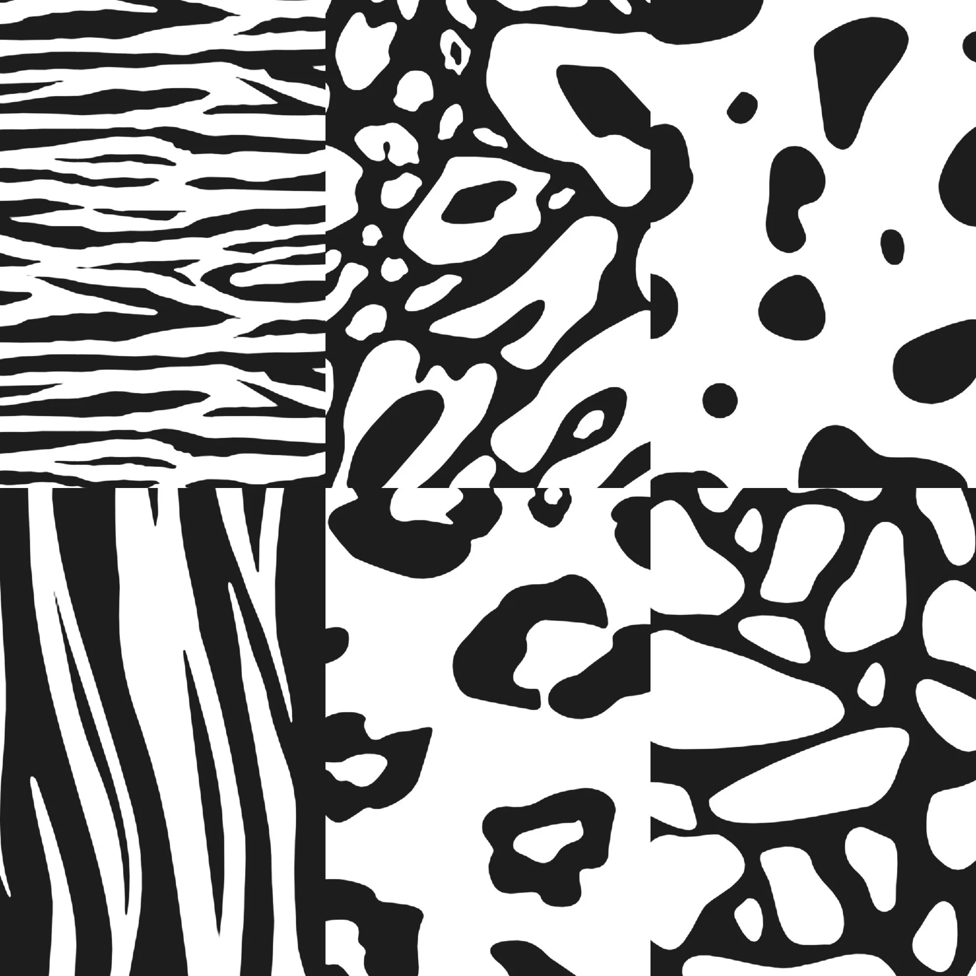 The six 34° animal patterns in black and white