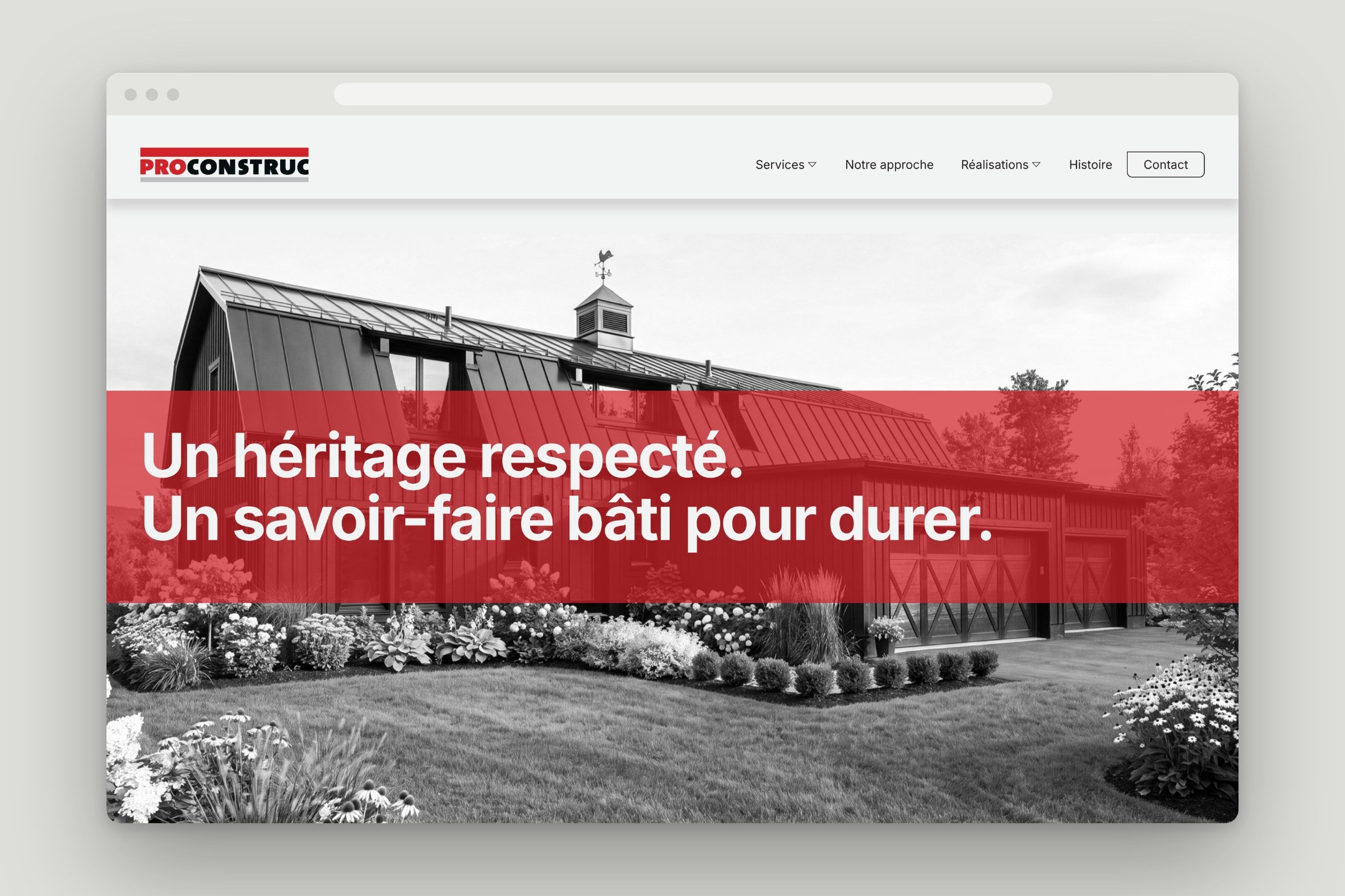 The new ProConstruc website home page on desktop, with the headline Un héritage respecté. Un savoir-faire bâti pour durer.
