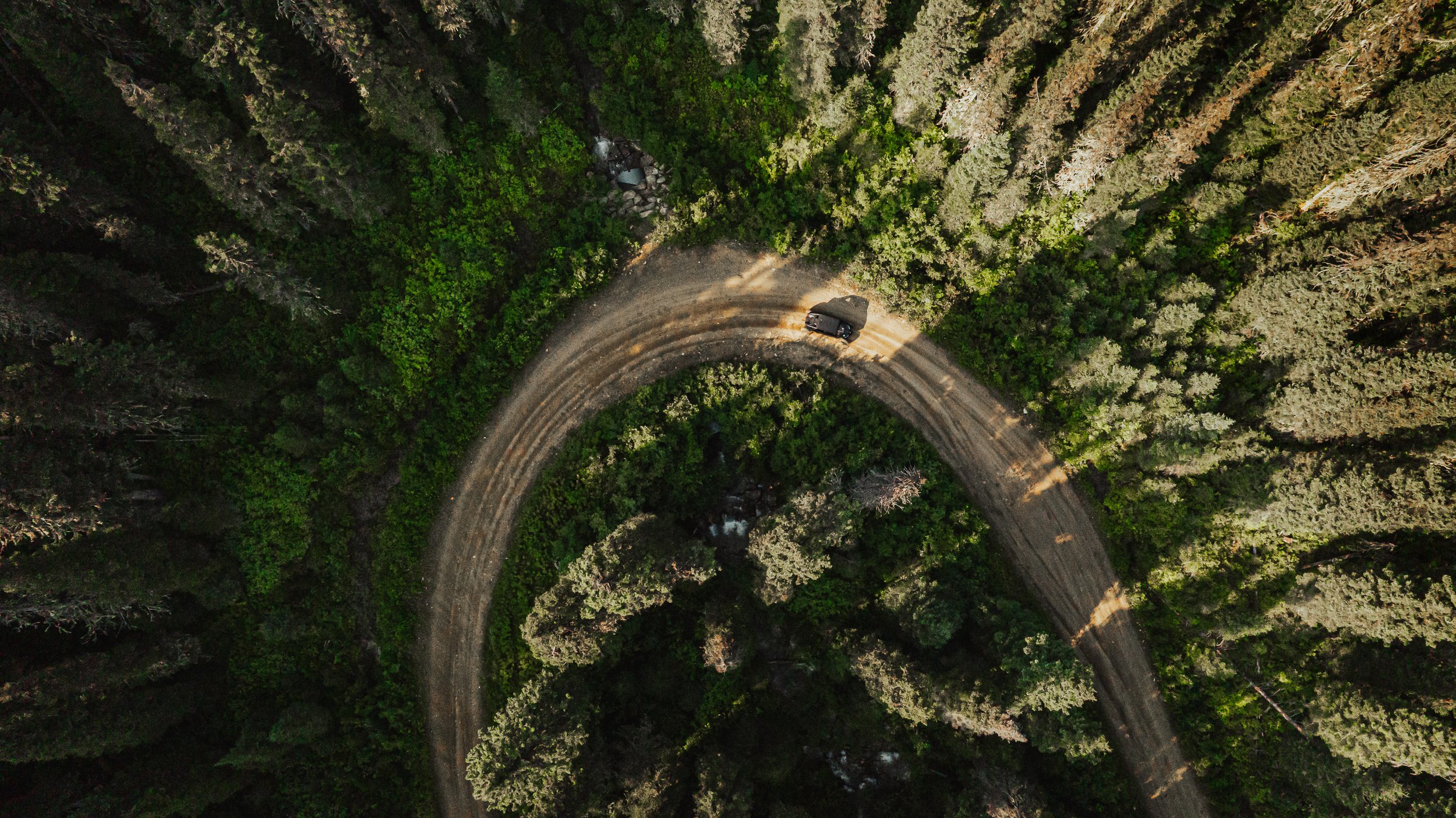 Drone view of a hairpin on the forest road, Valemount, BC