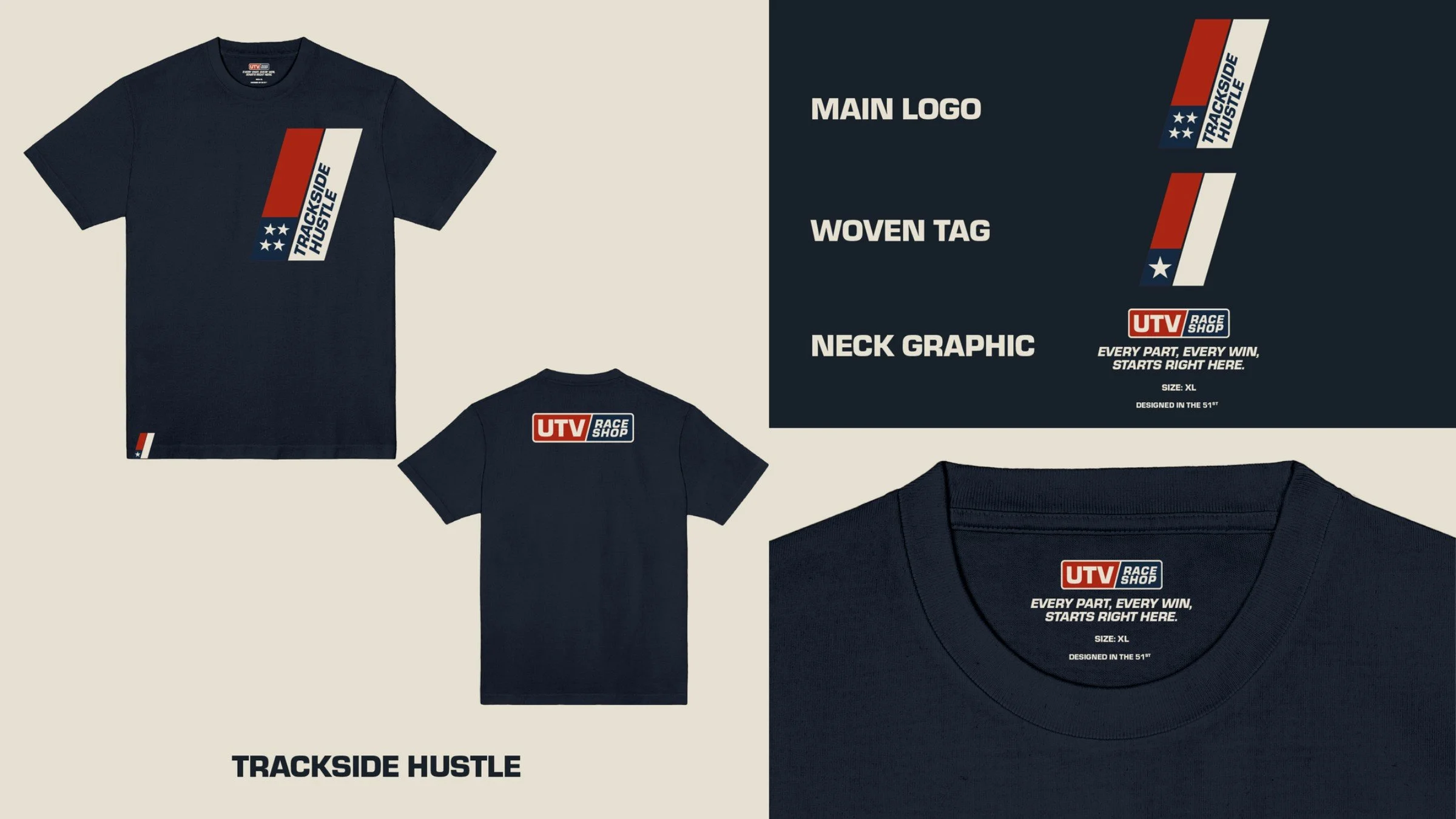 Trackside Hustle tee: a slanted red, white and blue stripe with stars on the front and the main logo across the back.
