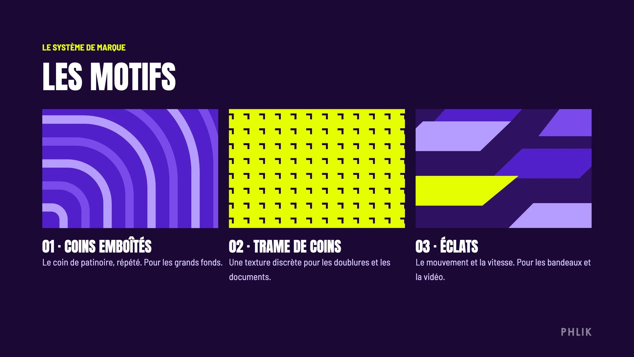 Three brand patterns: nested rink corners, a grid of corner marks and angled shards.