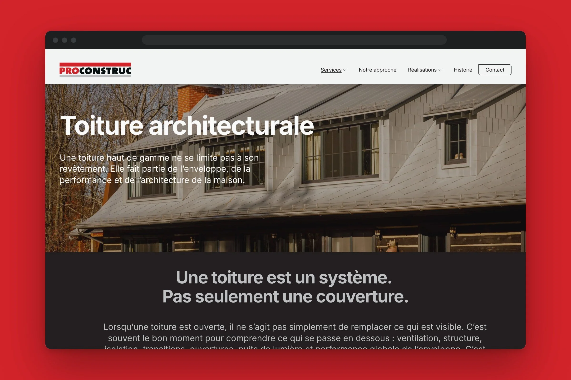 The Toiture architecturale page of the new ProConstruc website on desktop