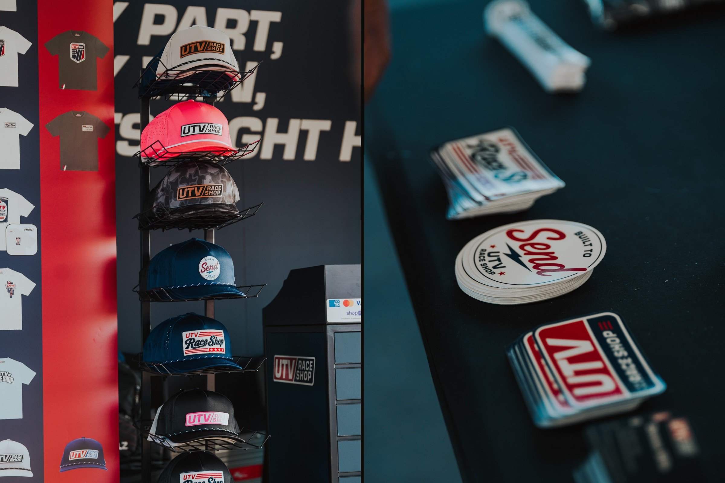 Booth merchandise: a rack of UTV Race Shop hats in front of the tagline wall, and logo stickers on the counter.