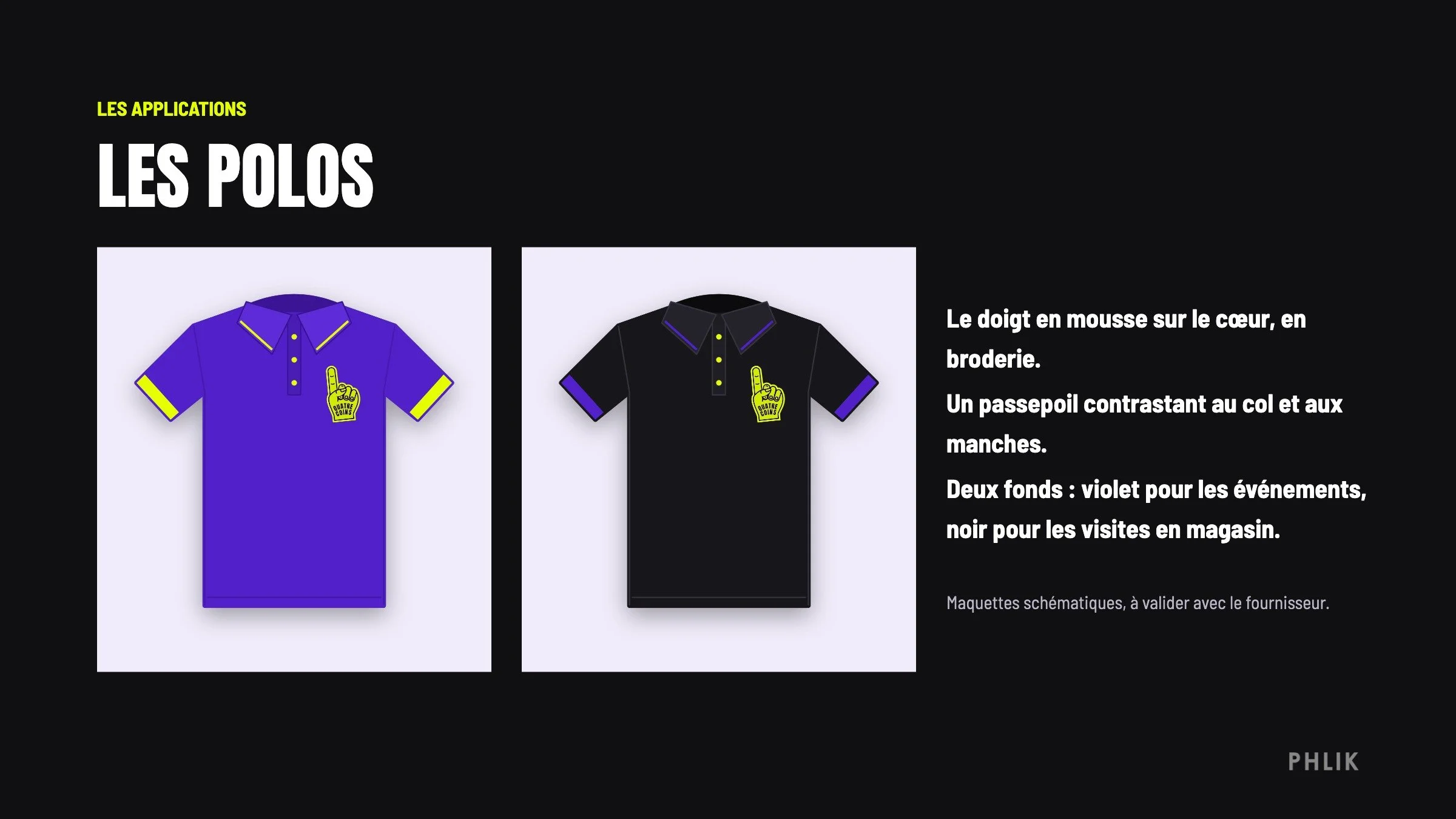 Polo mock-ups in violet and black with the foam finger embroidered on the chest.