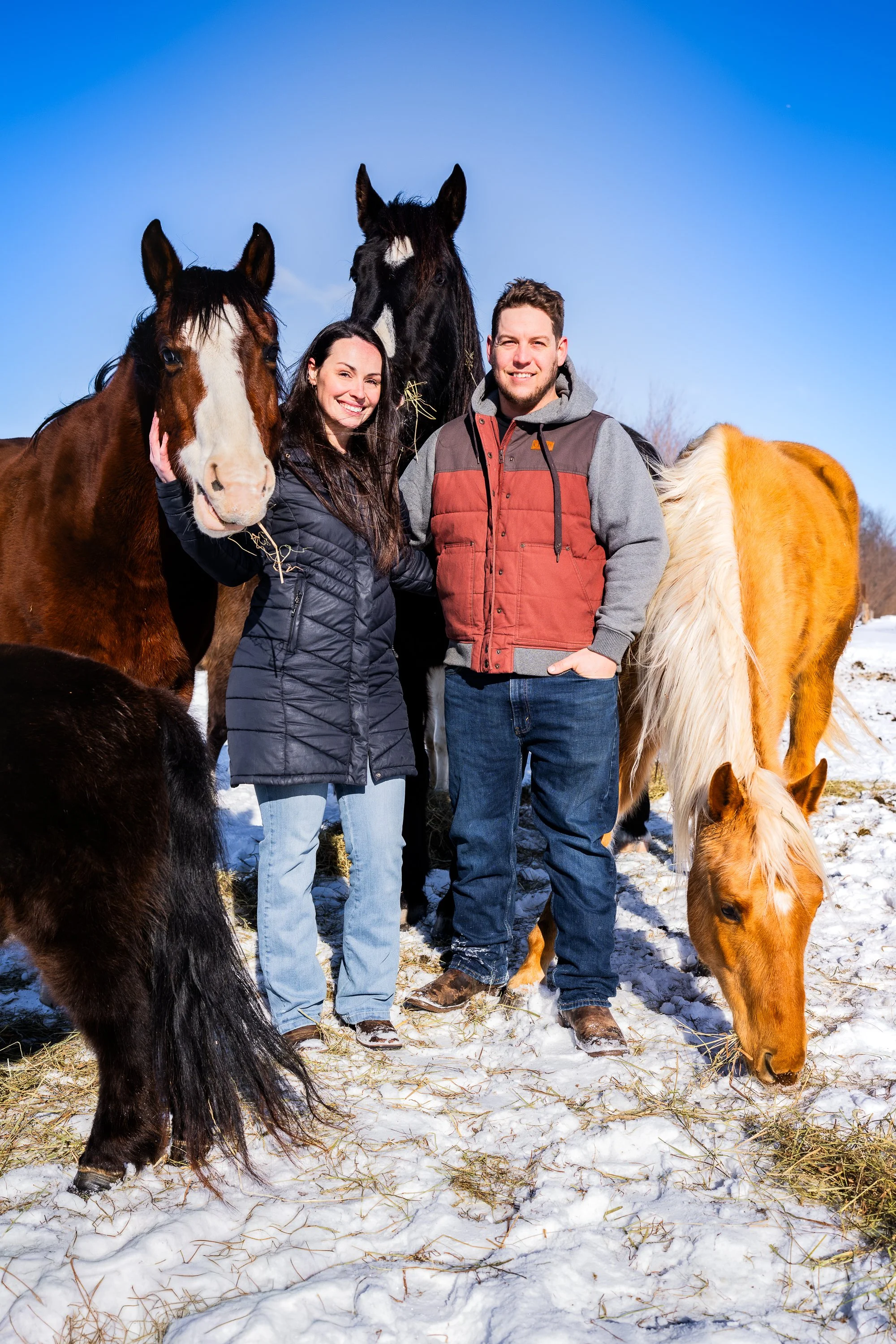 Farming couple standing with their horses in the snow