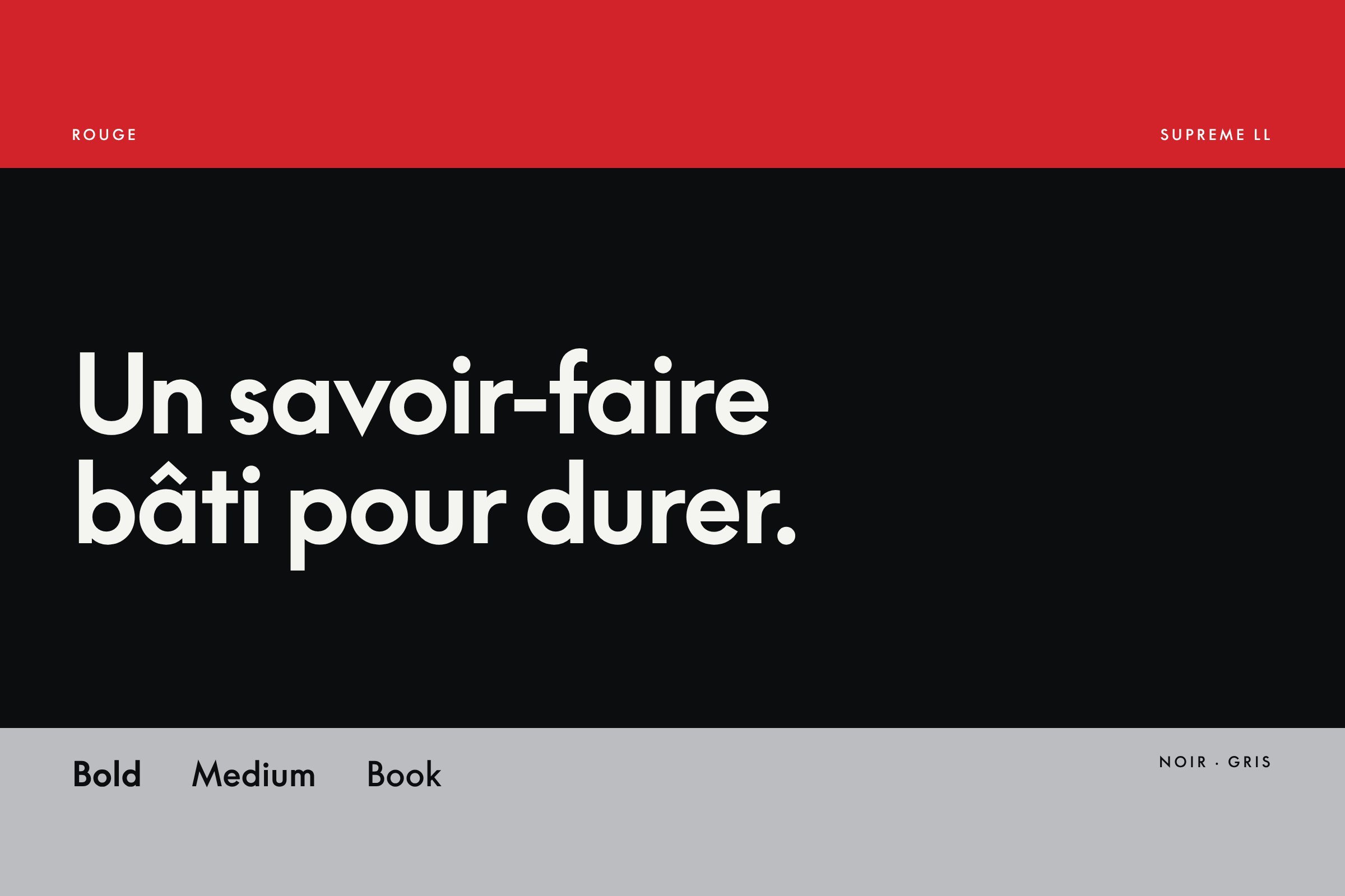 ProConstruc colour bands in red, black and grey with the brand typeface, Supreme LL, in three weights