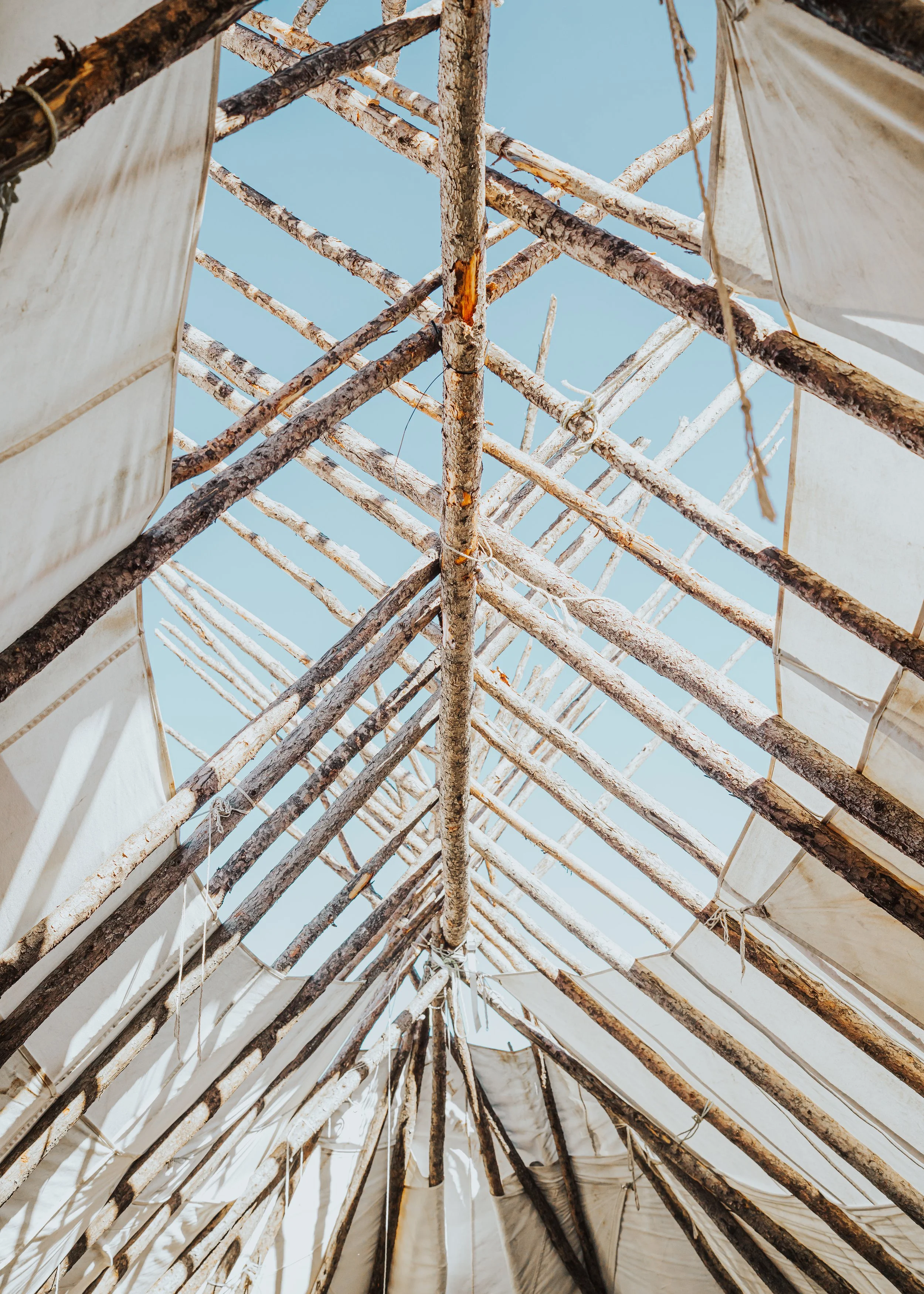 Looking up through the poles of a tipi frame to the sky