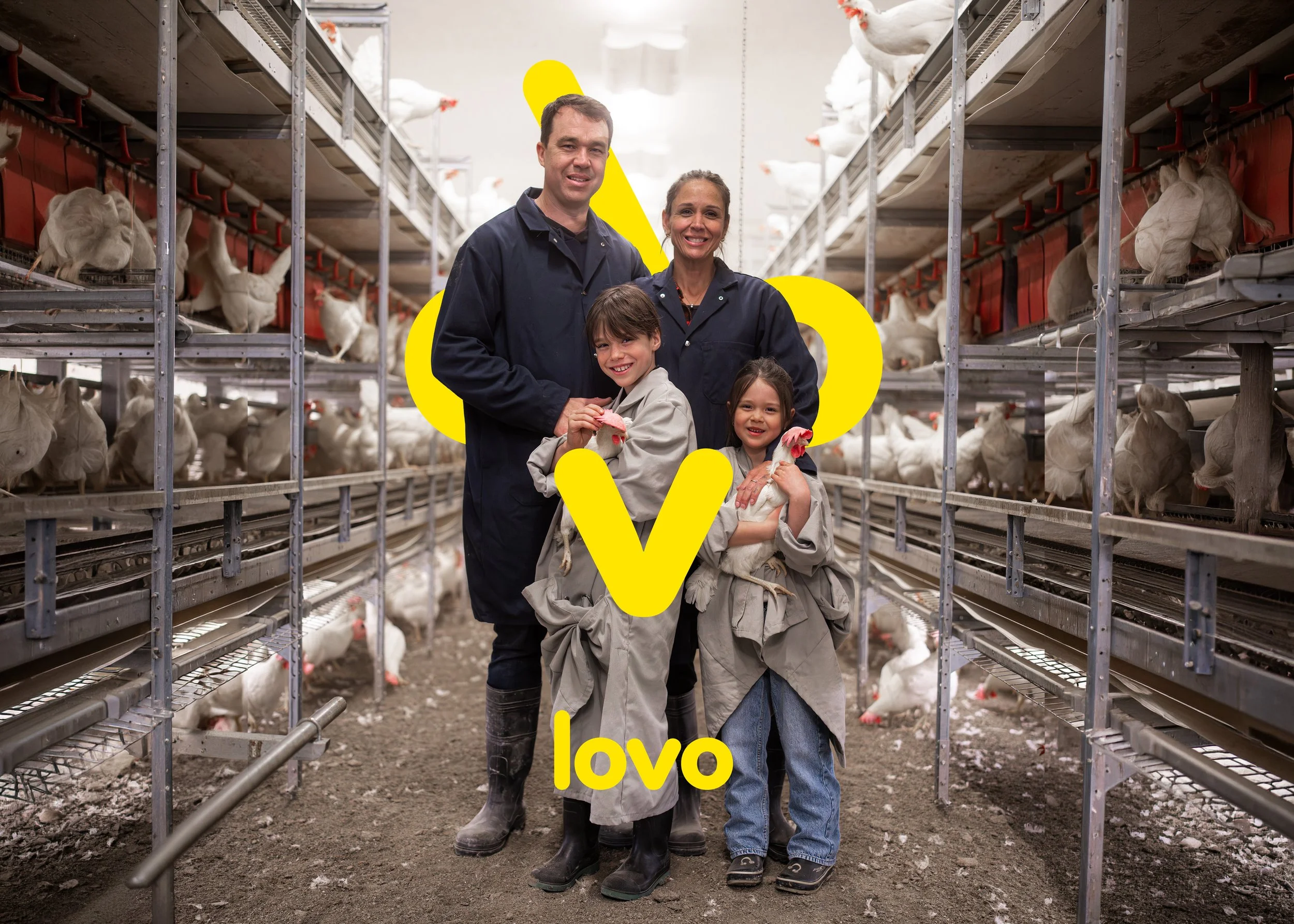 A Lovo farming family in their laying barn, with the Lovo logo over the photo