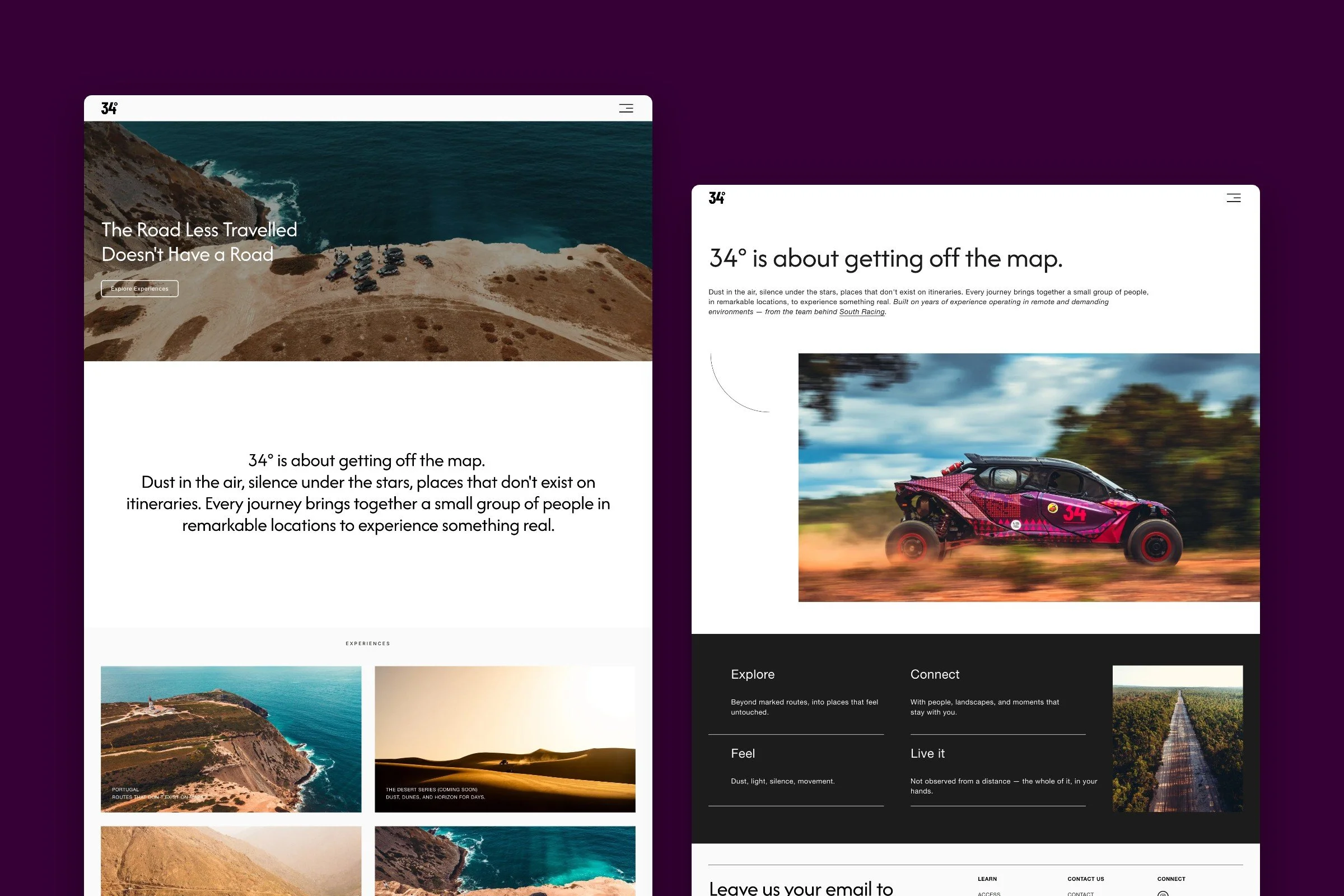 Full-length views of the 34° home and about pages side by side