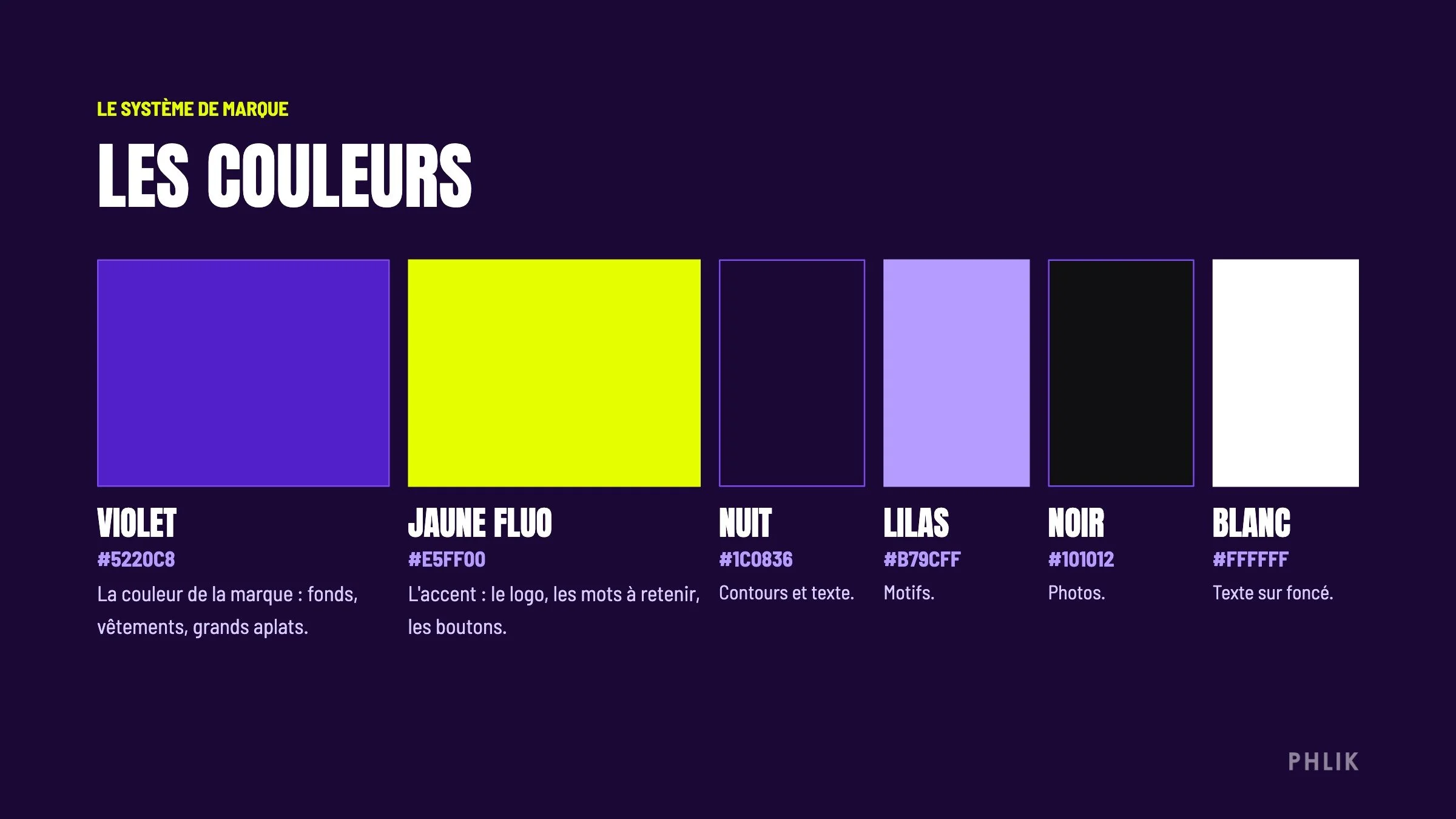 The Quatre Coins colour palette: violet, fluo yellow, night, lilac, black and white.