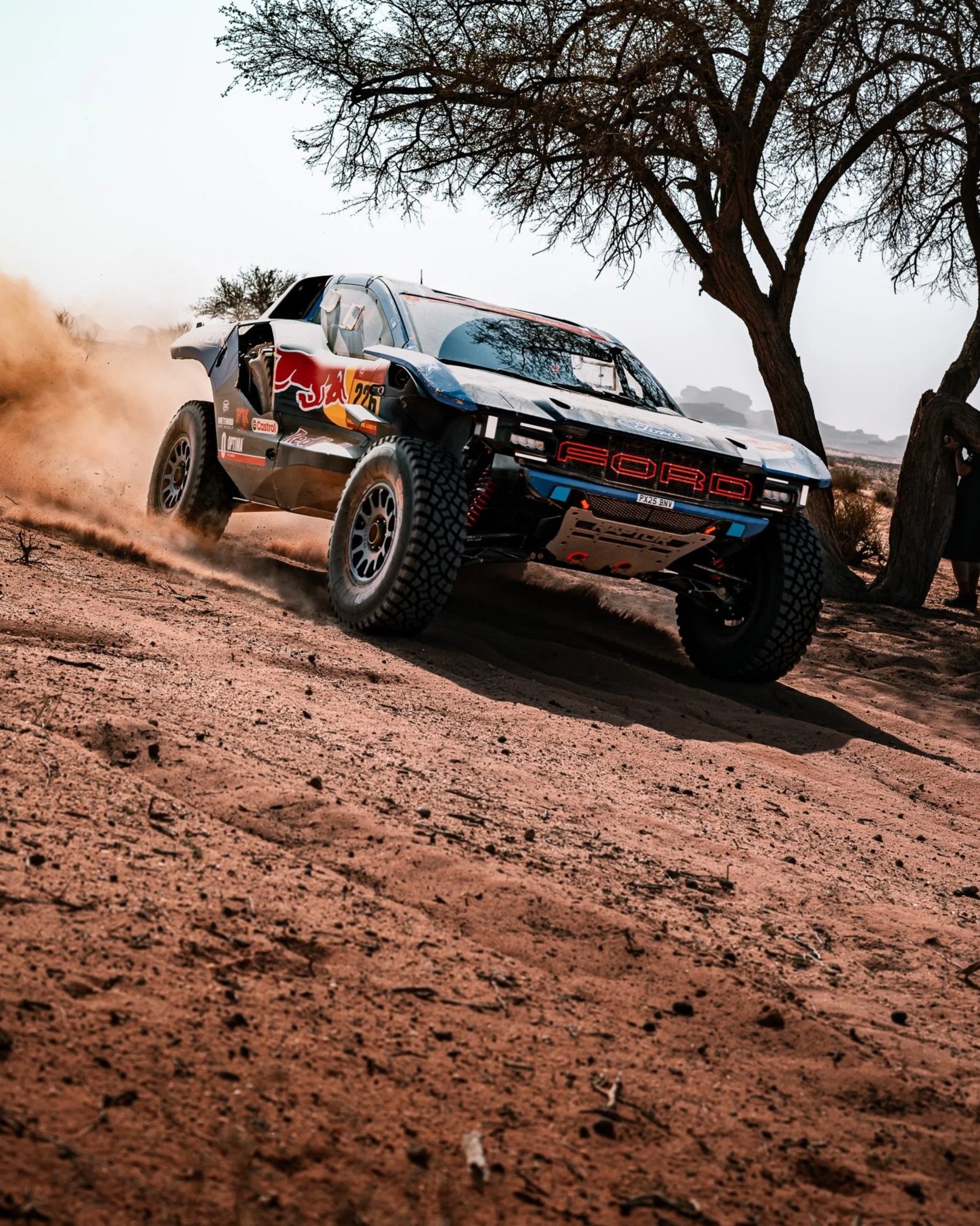 Rally-raid truck kicking up red dust beside an acacia tree at the Dakar Rally