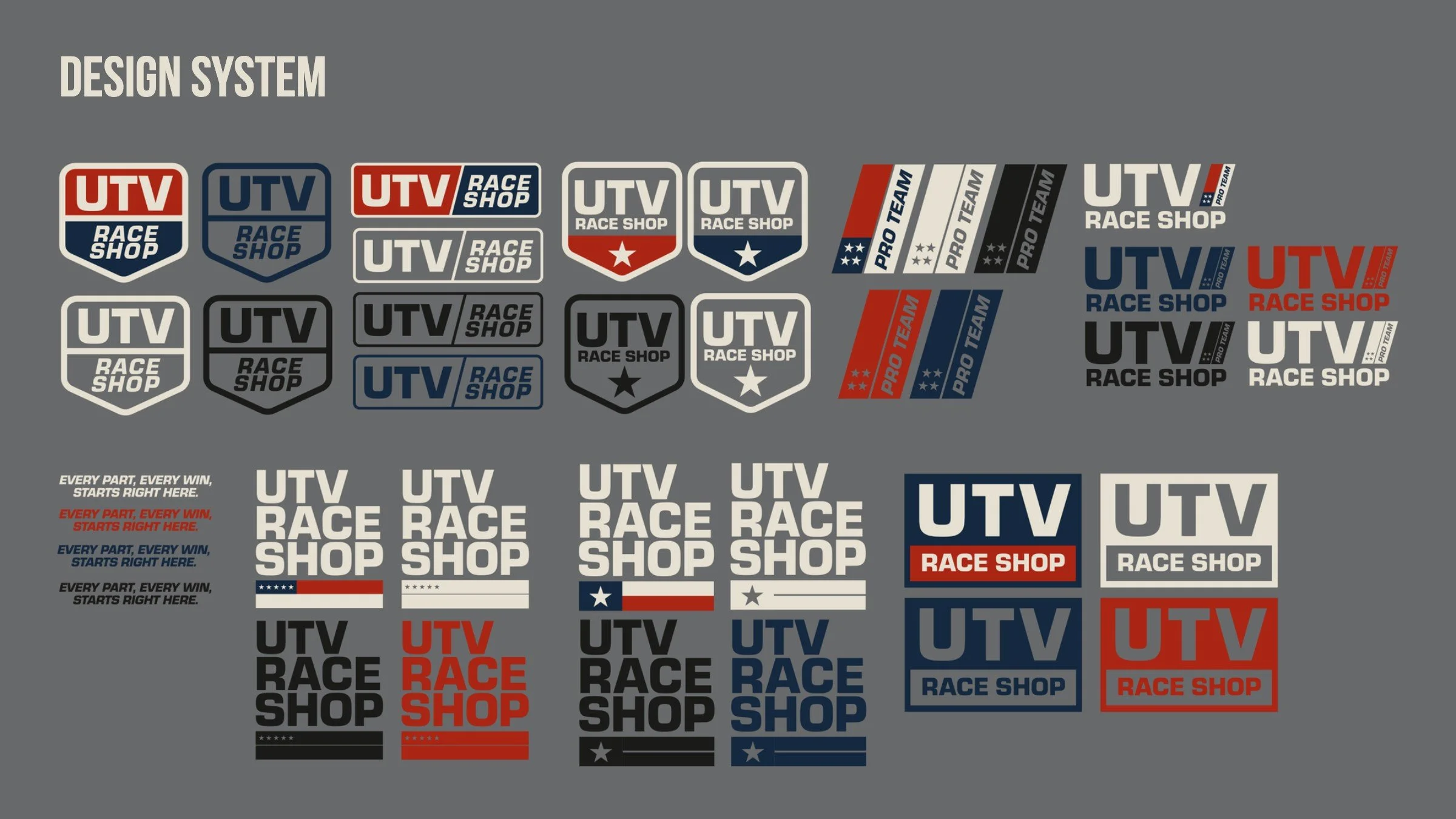 The full UTV Race Shop logo family: shields, stacked marks, boxed marks, Pro Team lockups and the tagline in every colourway.