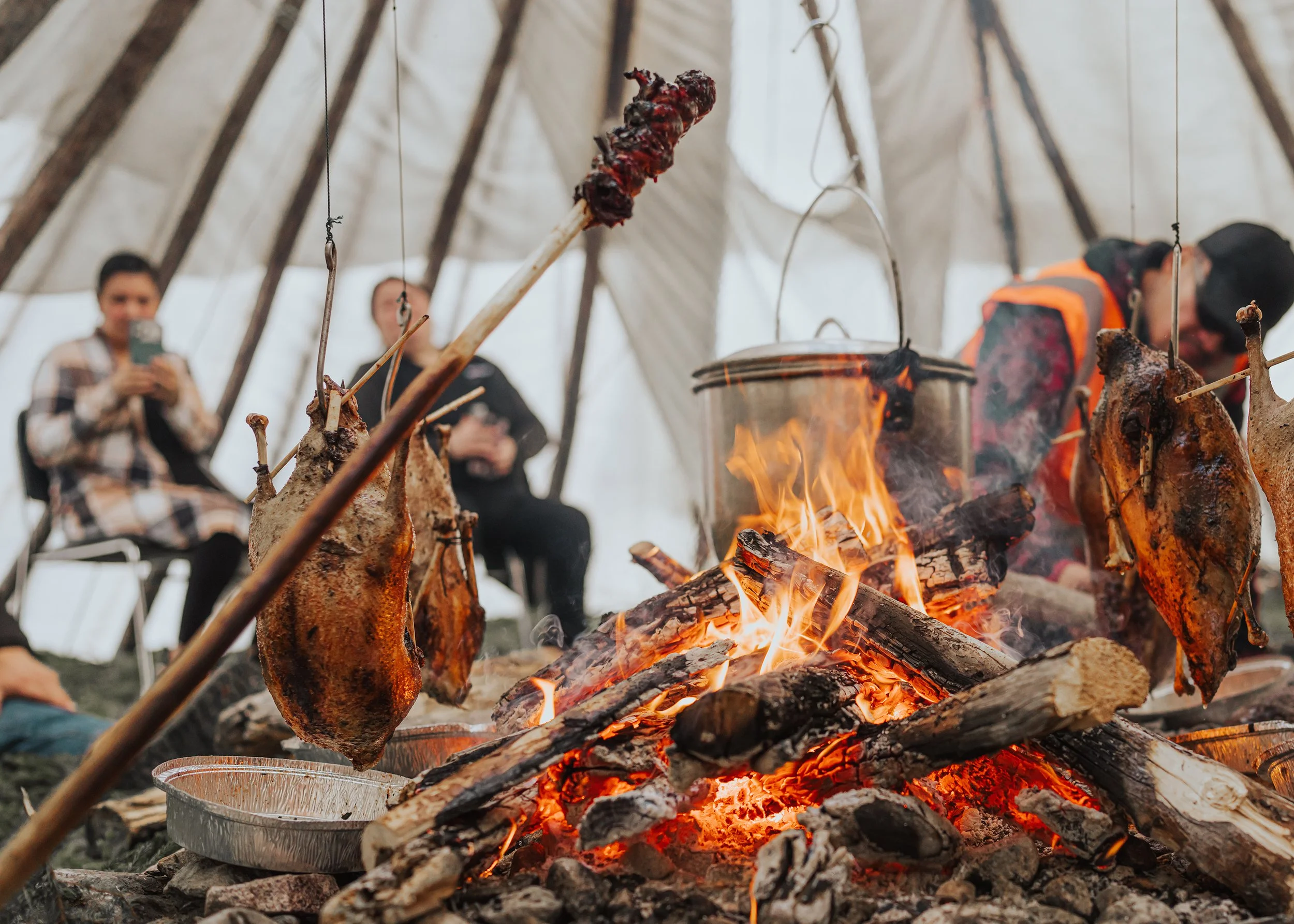 Geese roasting over an open fire inside a tipi
