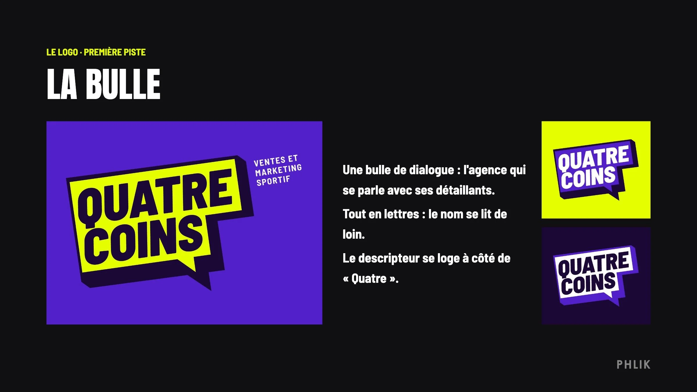The first logo route: Quatre Coins set in a speech bubble, with yellow and dark versions.