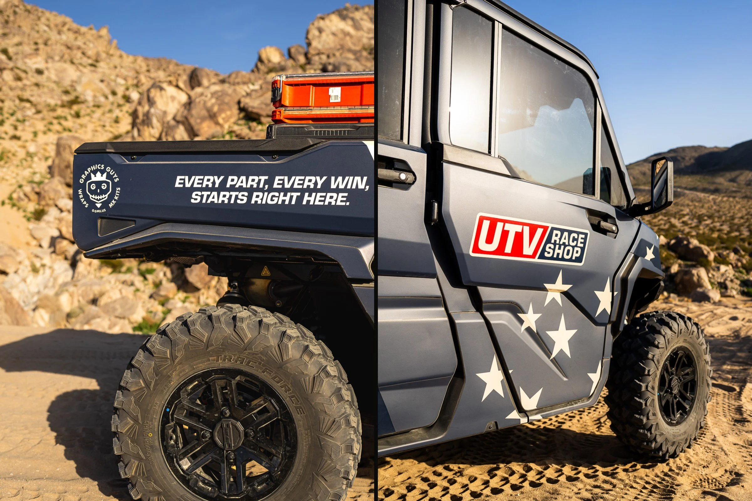 Two details of the wrapped Defender: the line Every part, every win, starts right here on the bed, and the UTV Race Shop logo on the door.