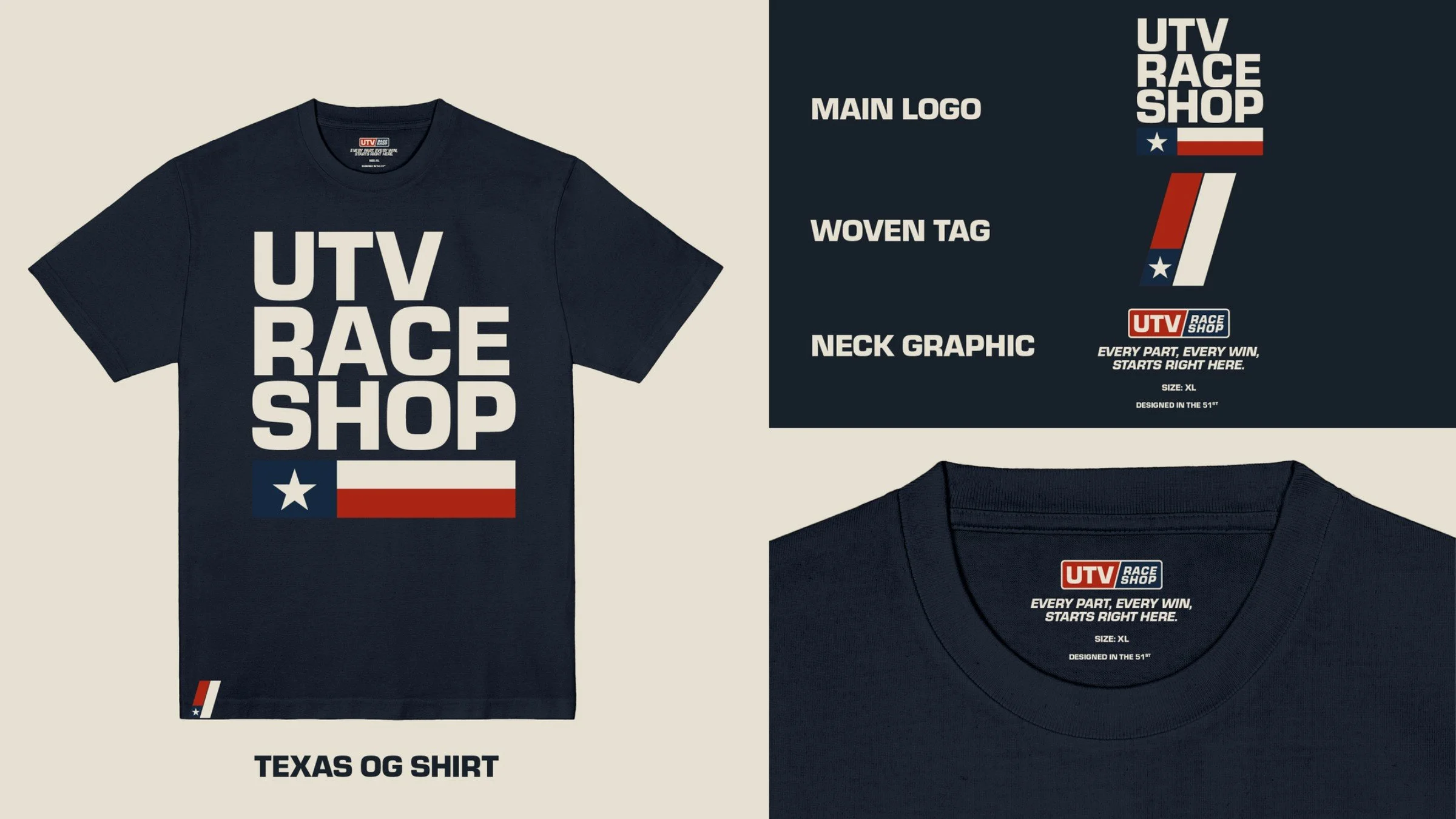 Texas OG Shirt: navy tee with the stacked UTV Race Shop wordmark over a Texas flag bar, with woven tag and neck graphic.