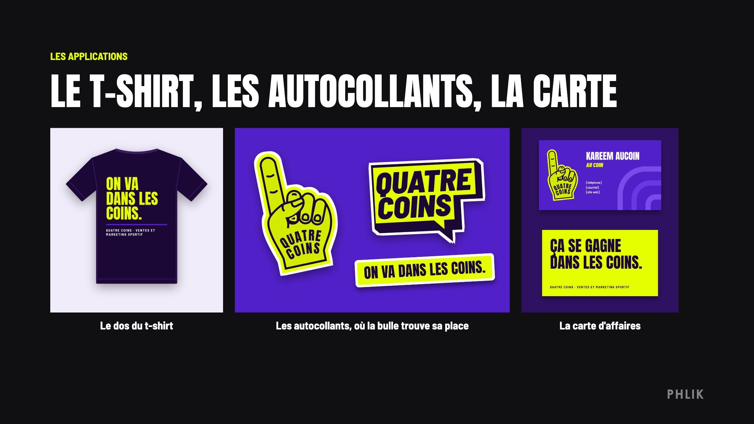 A T-shirt back, a sticker sheet and the business card in the Quatre Coins identity.