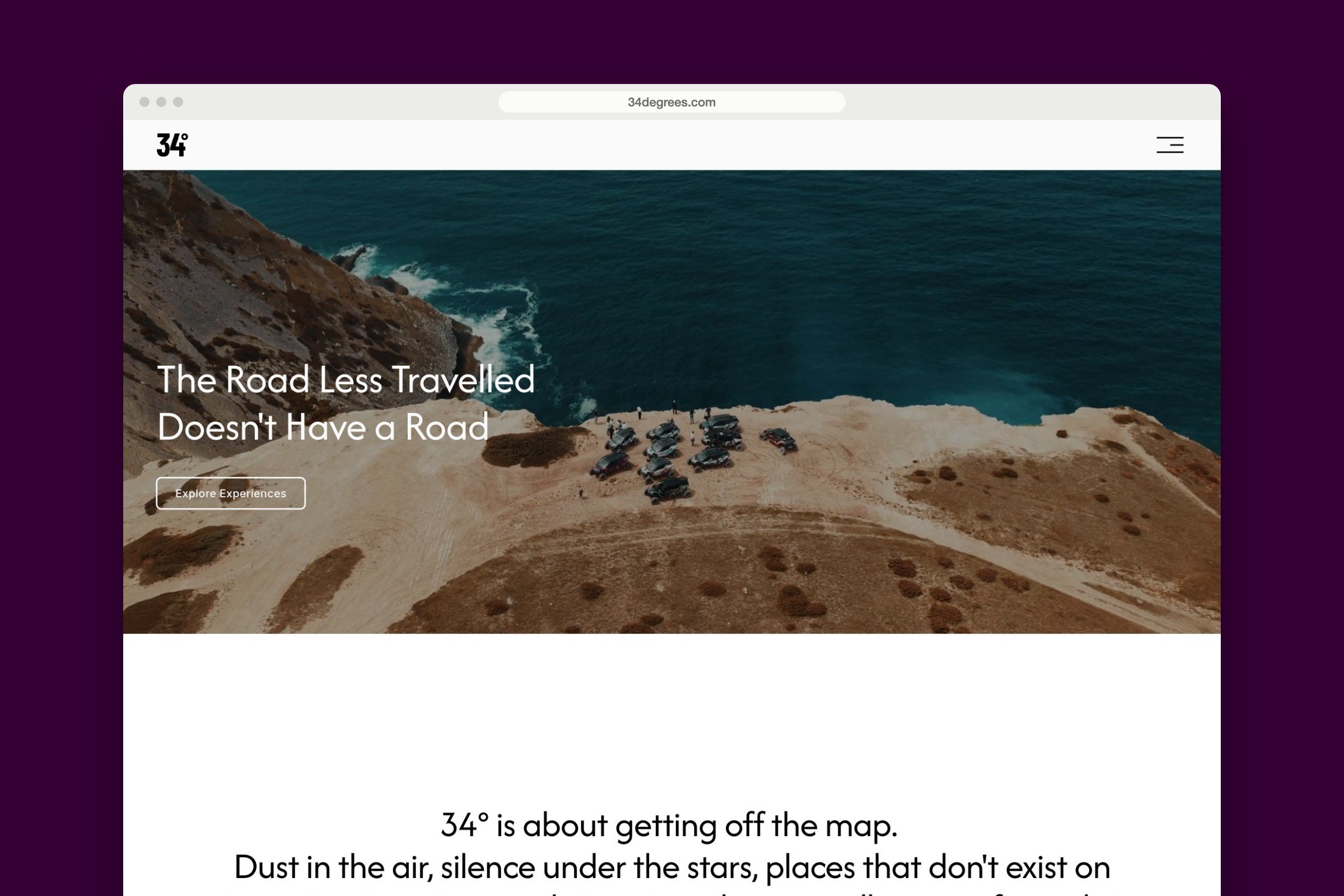 The 34° website home page in a browser window: aerial film of the convoy on a clifftop above the headline The Road Less Travelled Doesn't Have a Road