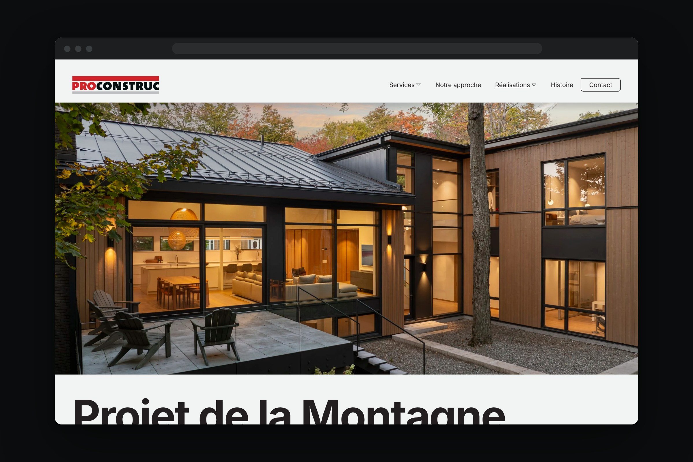 The Montagne project page of the new ProConstruc website on desktop