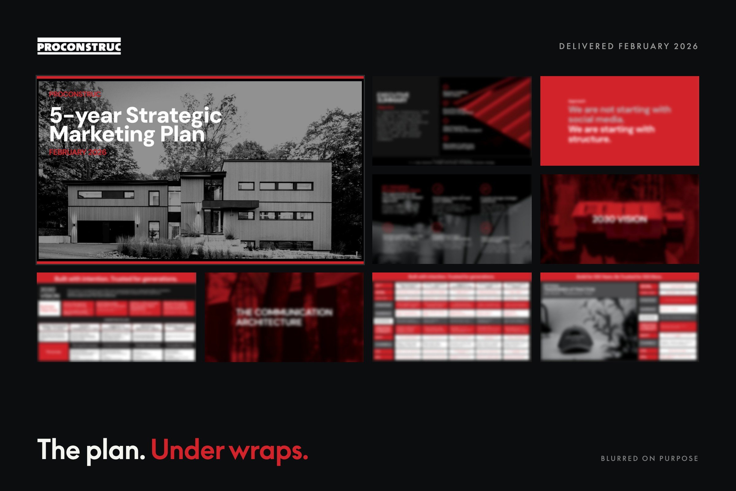 The ProConstruc five-year strategic marketing plan: the cover page in focus, the other pages blurred on purpose