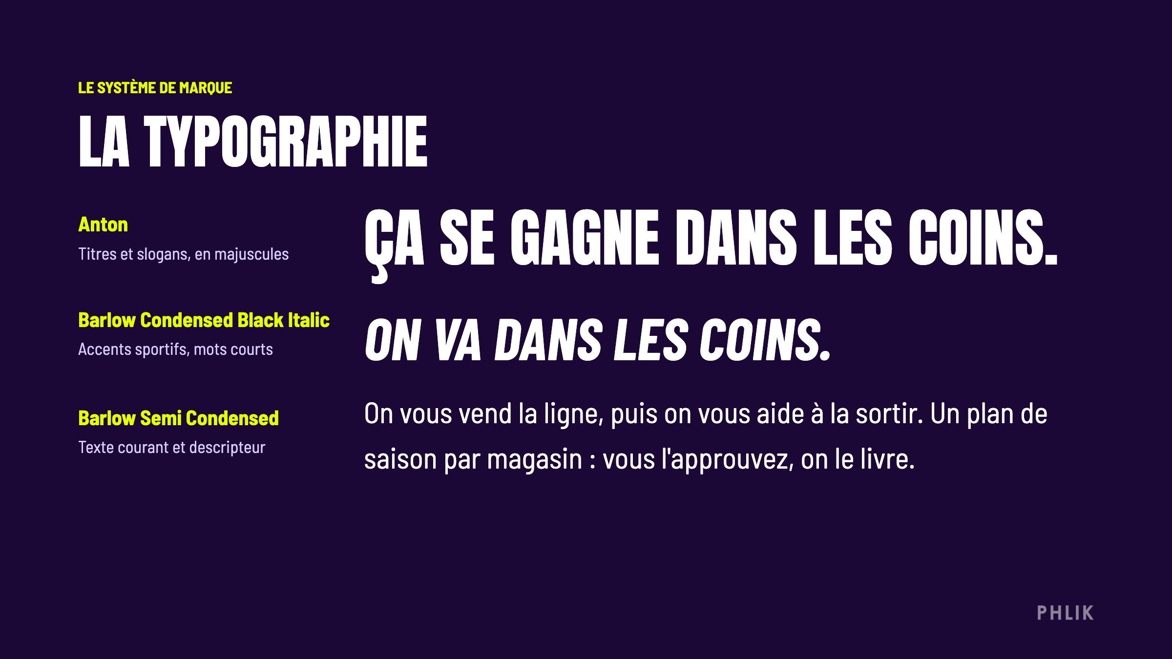 The Quatre Coins typefaces: Anton, Barlow Condensed Black Italic and Barlow Semi Condensed.