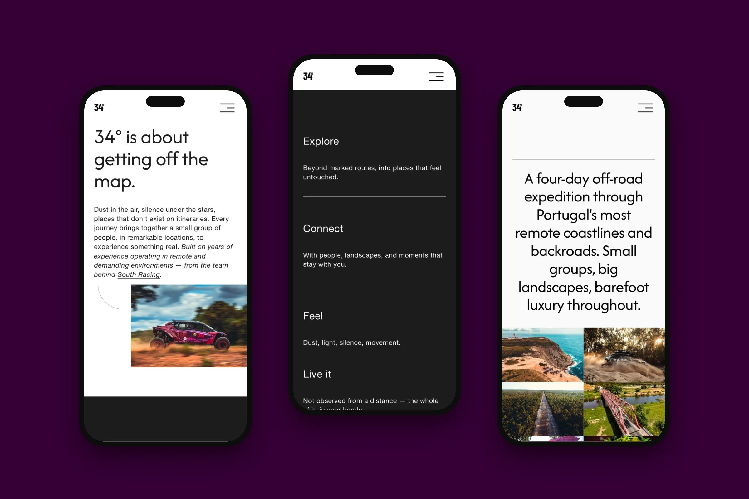 Three phones showing the 34° about page, its Explore, Connect, Feel, Live it principles and the Portugal page