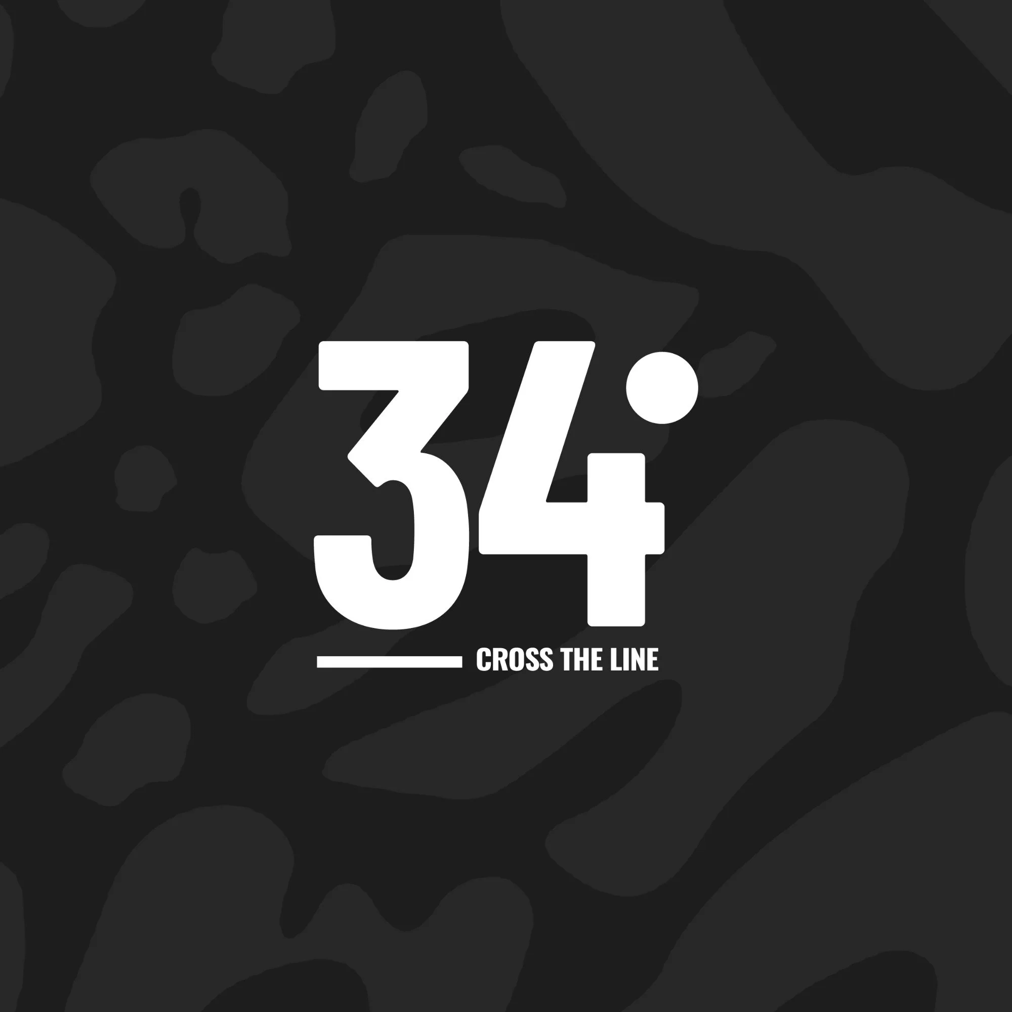 The 34° logo with its Cross the Line tagline, white on black over a leopard pattern