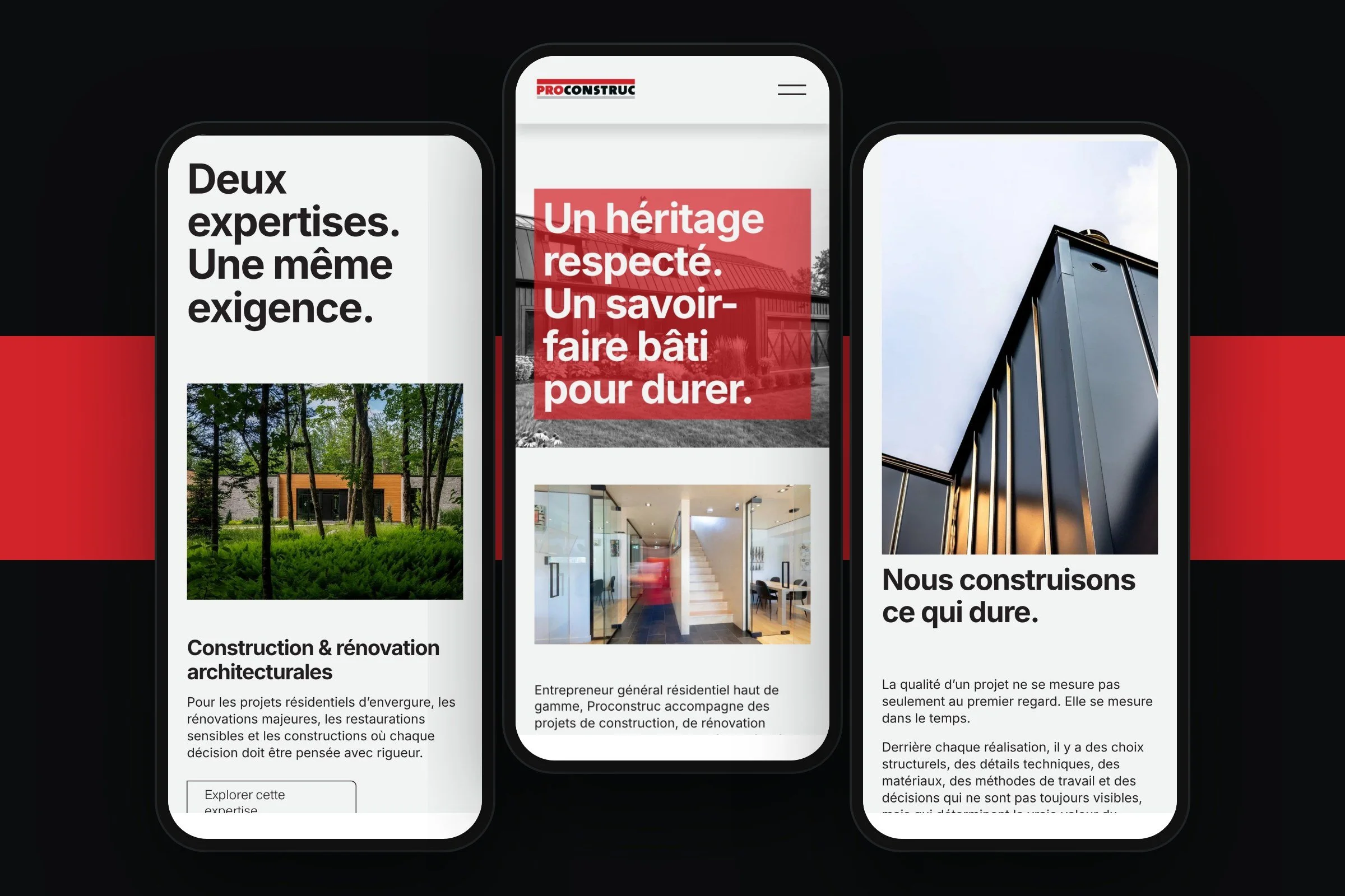 Three phone screens of the new ProConstruc website home page