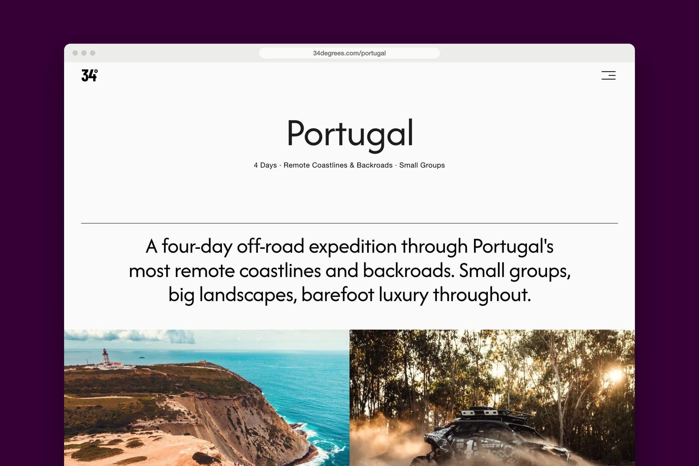 The Portugal expedition page of the 34° website: four days, remote coastlines and backroads, small groups
